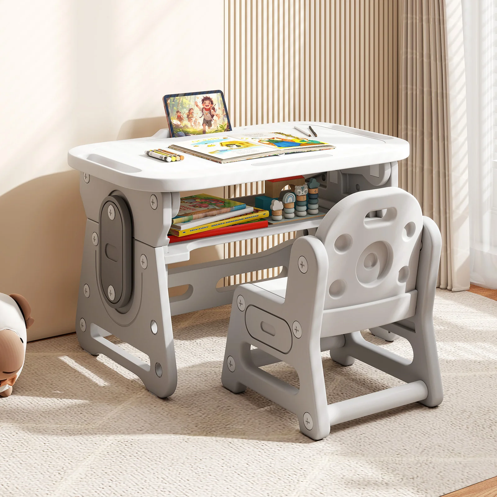 Adjustable Kids Table Chair Set, Tiltable Whiteboard, Concave Shelf, Gray - Image 3