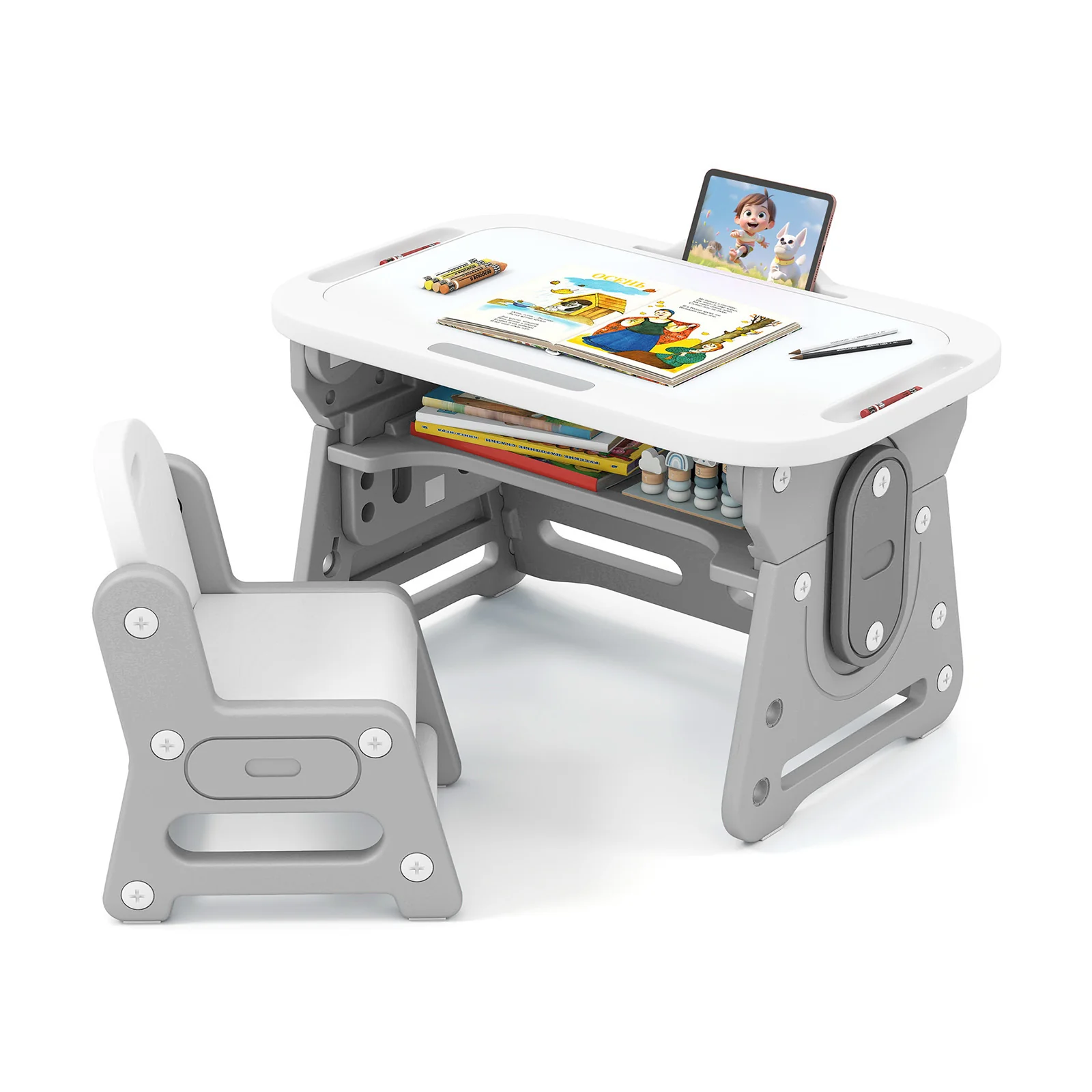Adjustable Kids Table Chair Set, Tiltable Whiteboard, Concave Shelf, Gray - Image 4