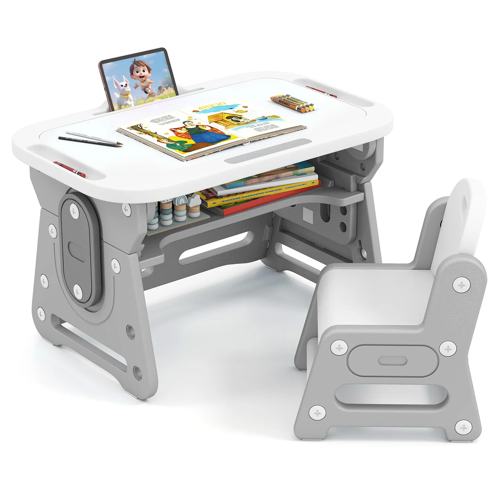 Adjustable Kids Table Chair Set, Tiltable Whiteboard, Concave Shelf, Gray - Image 5