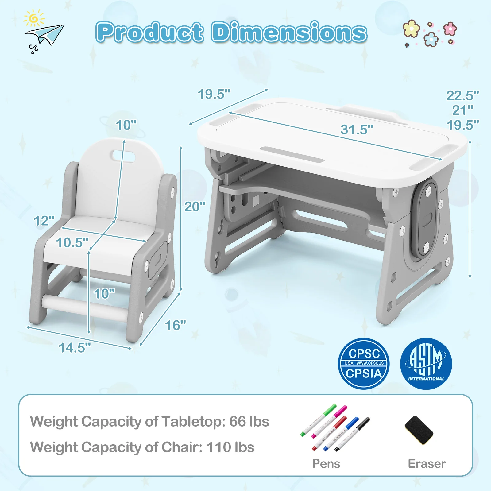 Adjustable Kids Table Chair Set, Tiltable Whiteboard, Concave Shelf, Gray - Image 6