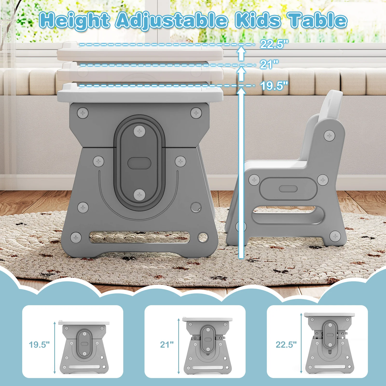 Adjustable Kids Table Chair Set, Tiltable Whiteboard, Concave Shelf, Gray - Image 7