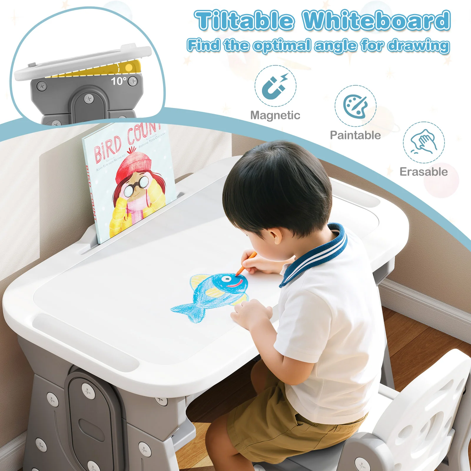 Adjustable Kids Table Chair Set, Tiltable Whiteboard, Concave Shelf, Gray - Image 8