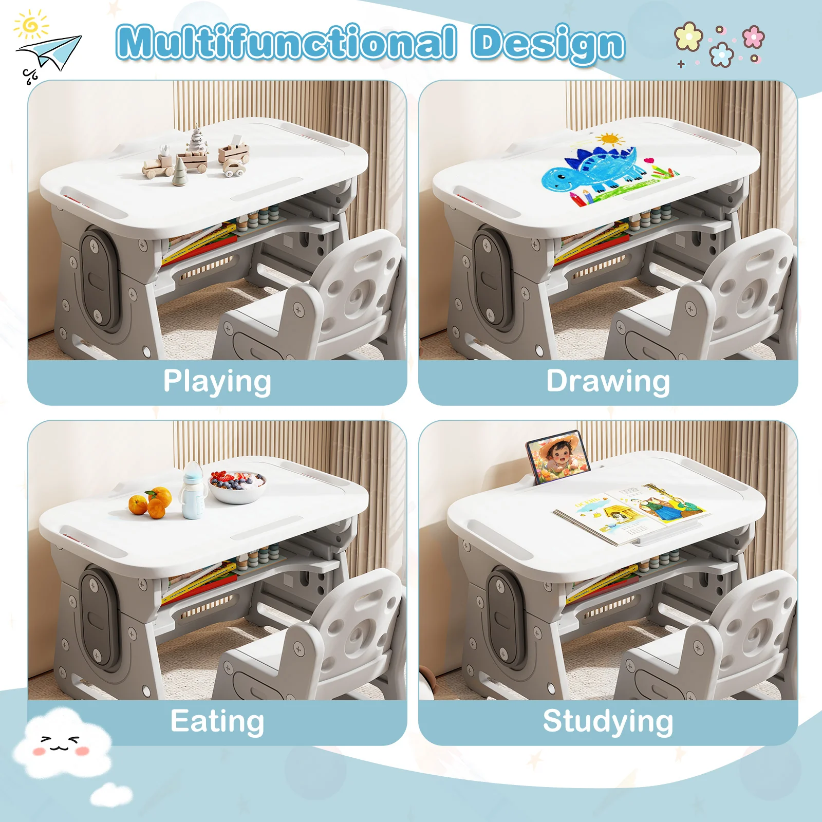 Adjustable Kids Table Chair Set, Tiltable Whiteboard, Concave Shelf, Gray - Image 9