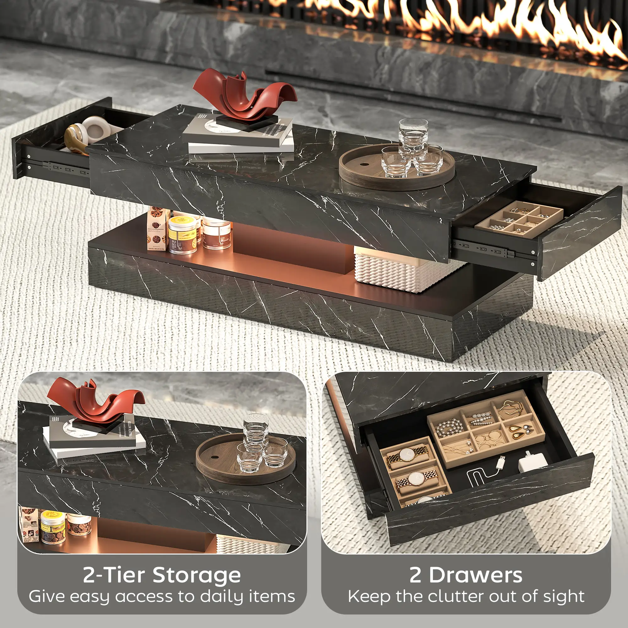 Adjustable LED Coffee Table, 2 Drawers, Open Shelf, Remote, High Gloss Black - Image 5