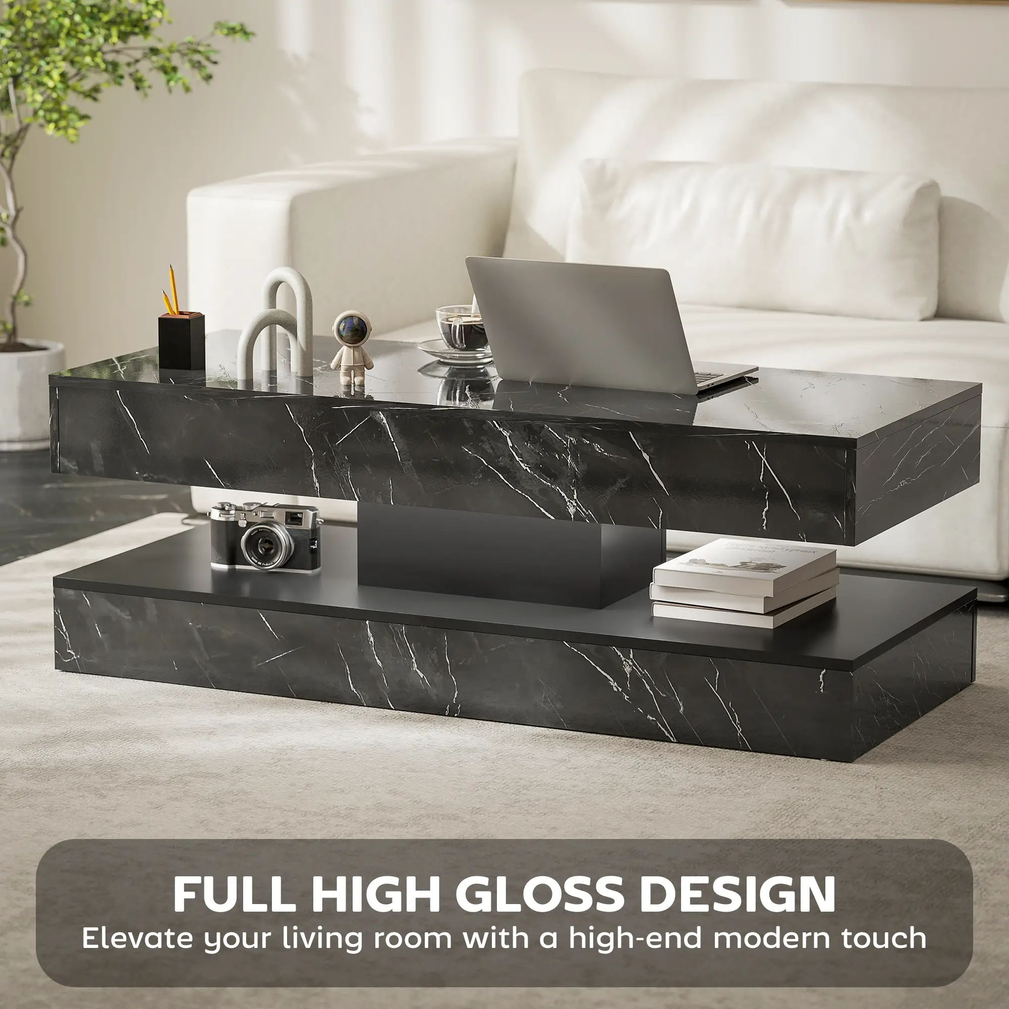 Adjustable LED Coffee Table, 2 Drawers, Open Shelf, Remote, High Gloss Black - Image 6