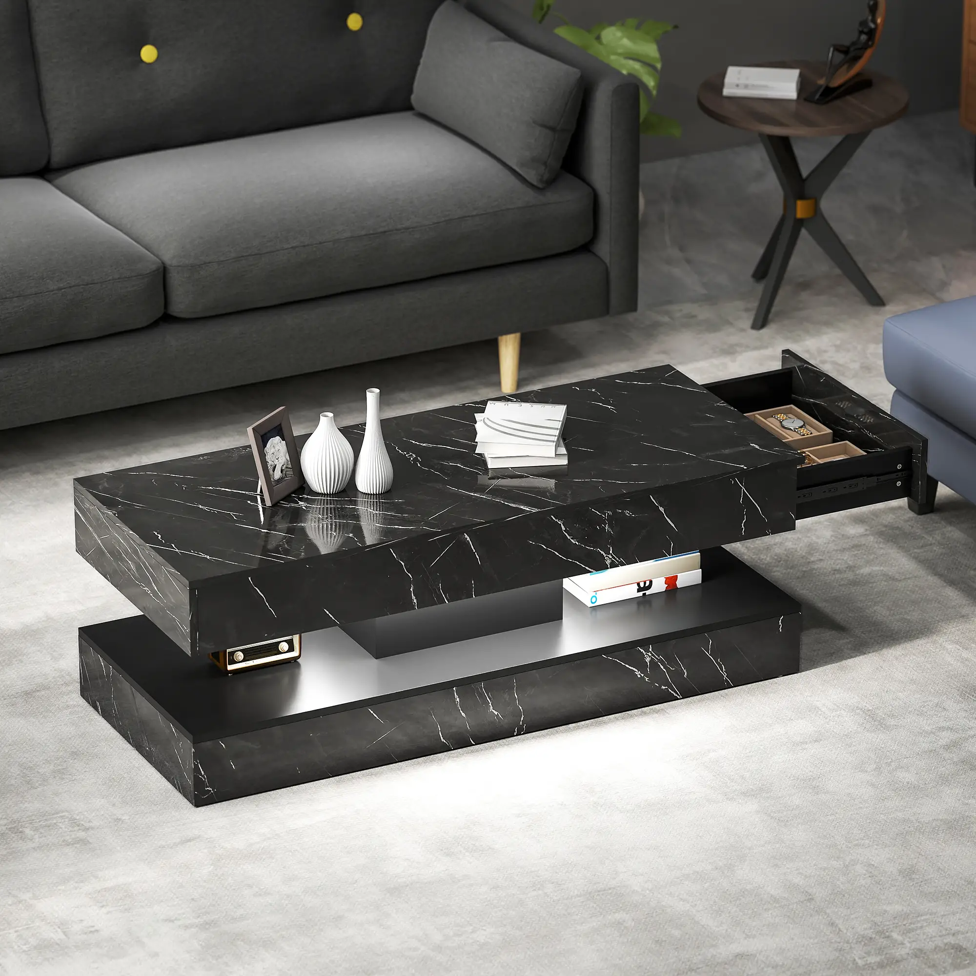 Adjustable LED Coffee Table, 2 Drawers, Open Shelf, Remote, High Gloss Black - Image 8