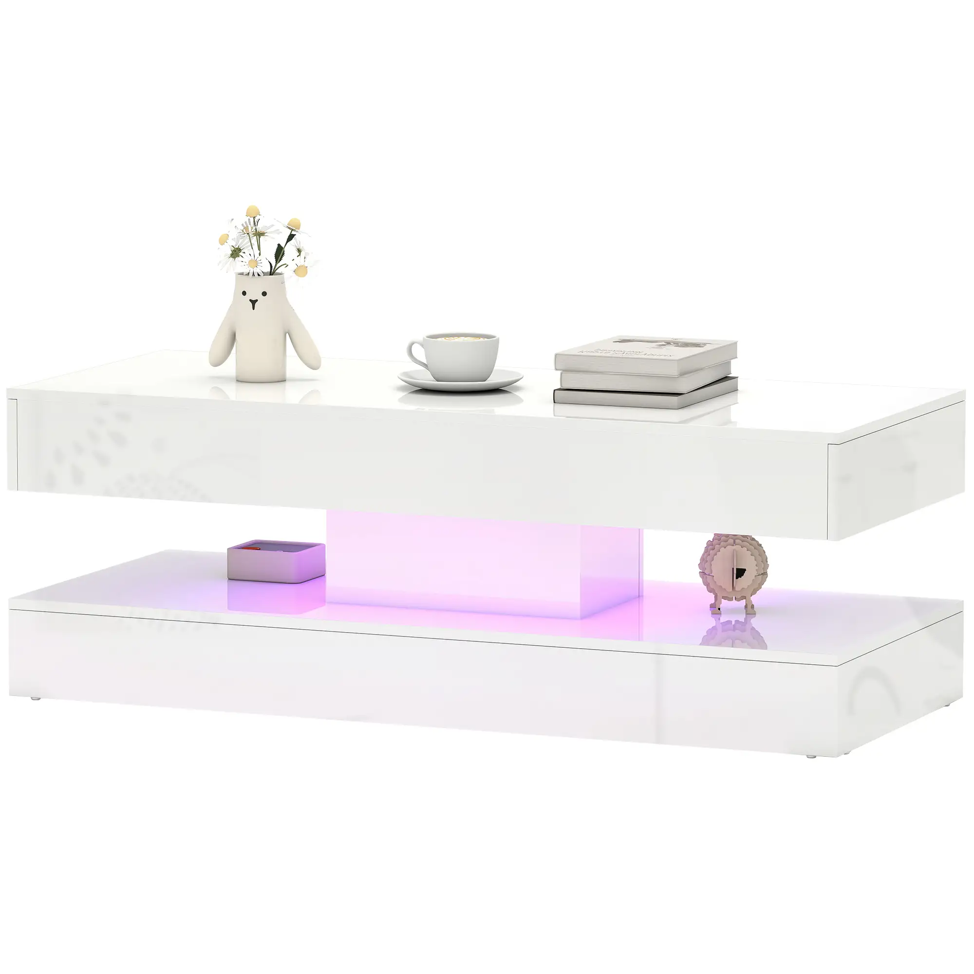 Adjustable LED Coffee Table, 2 Drawers, Open Shelf, Remote, High Gloss White, White