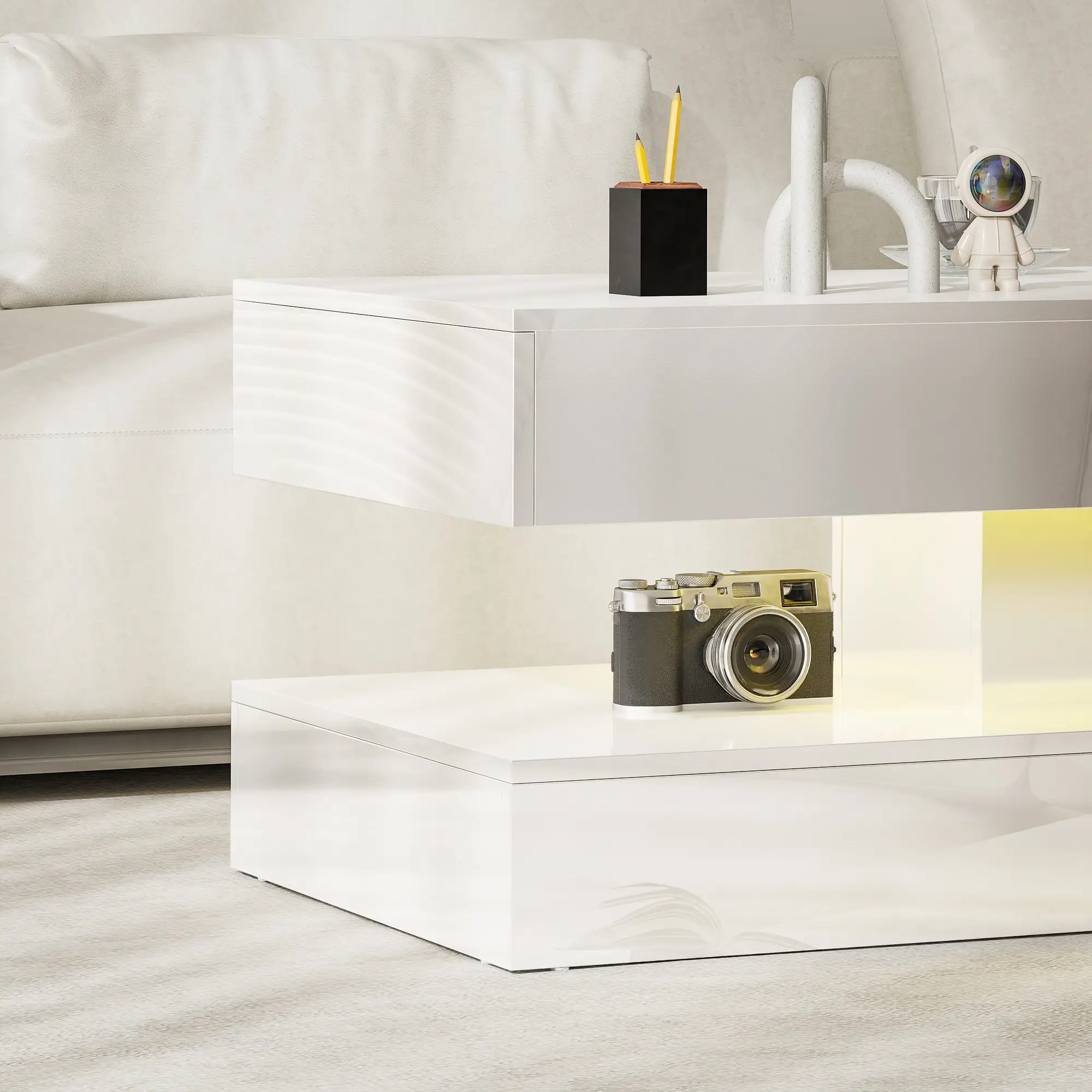 Adjustable LED Coffee Table, 2 Drawers, Open Shelf, Remote, High Gloss White, White - Image 10