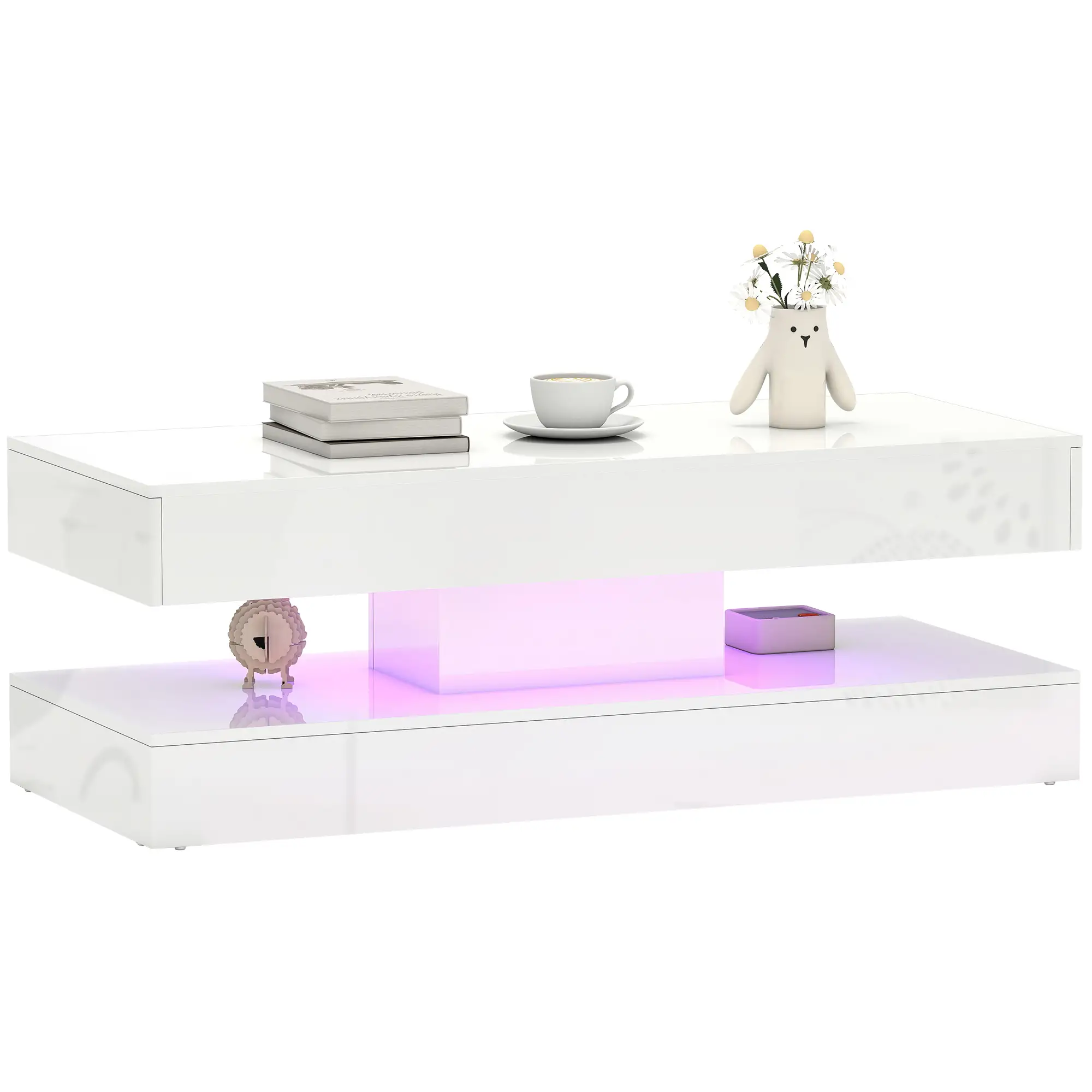 Adjustable LED Coffee Table, 2 Drawers, Open Shelf, Remote, High Gloss White, White - Image 11