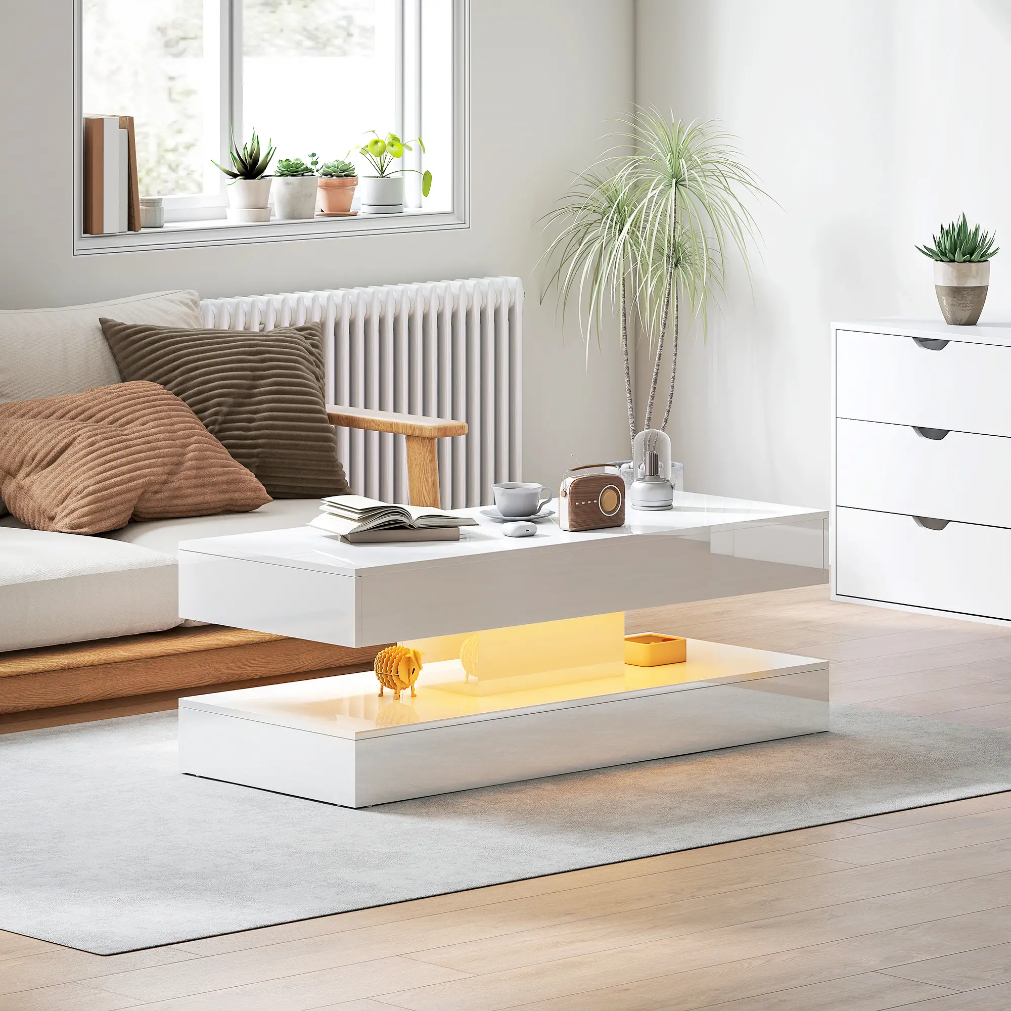 Adjustable LED Coffee Table, 2 Drawers, Open Shelf, Remote, High Gloss White, White - Image 2