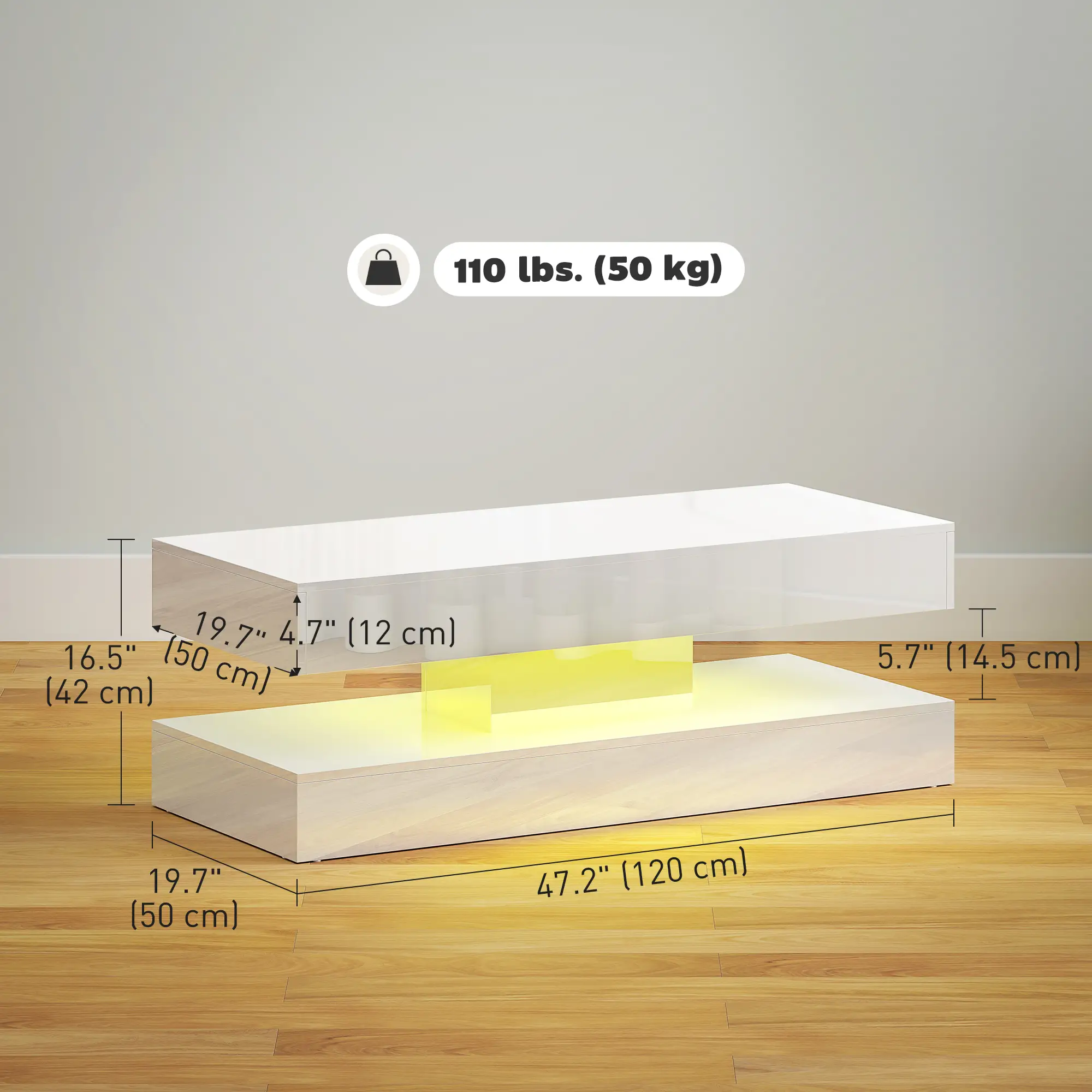Adjustable LED Coffee Table, 2 Drawers, Open Shelf, Remote, High Gloss White, White - Image 3