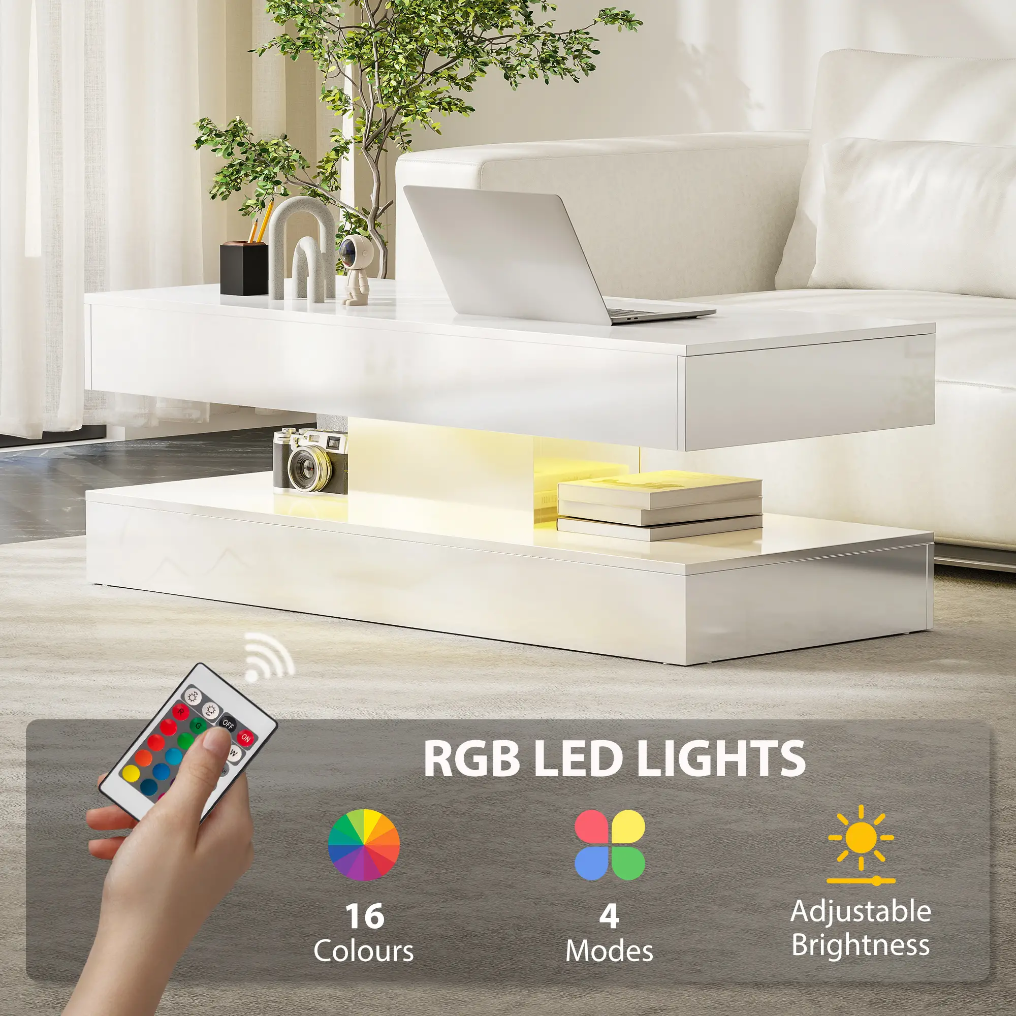 Adjustable LED Coffee Table, 2 Drawers, Open Shelf, Remote, High Gloss White, White - Image 4