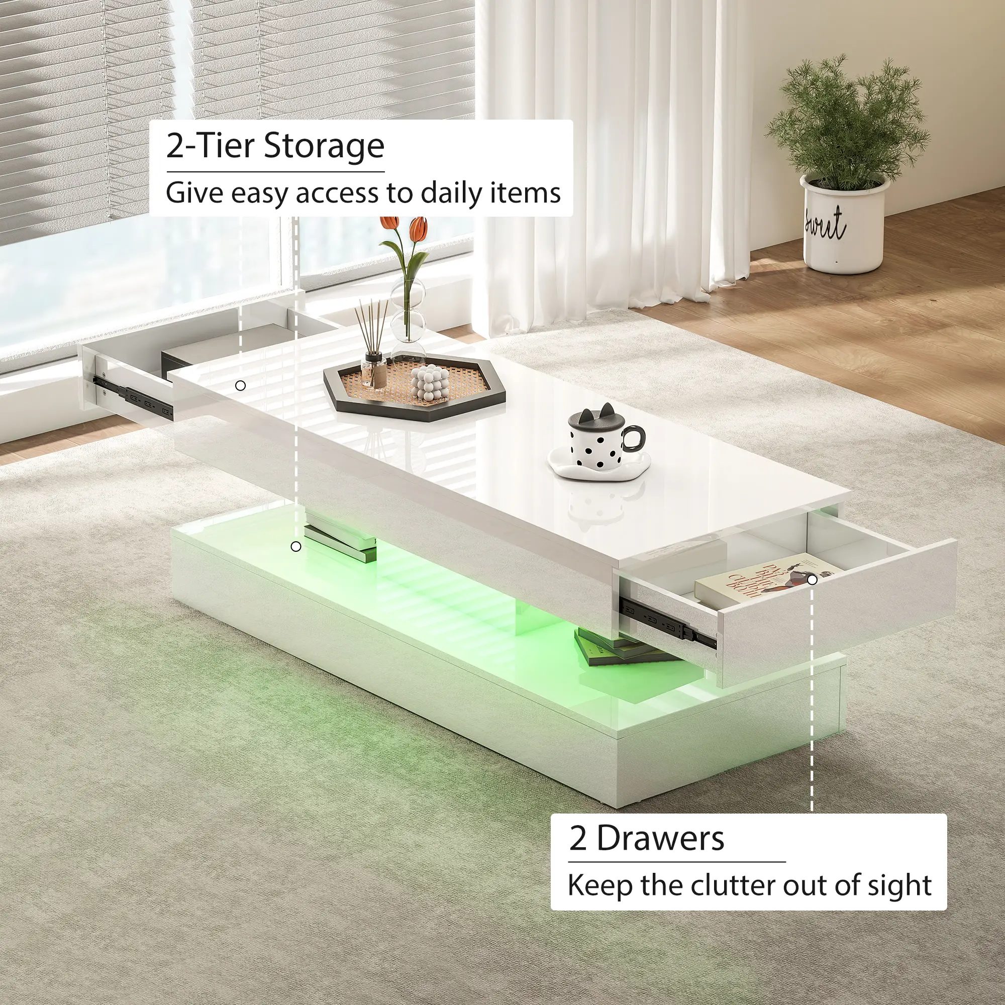 Adjustable LED Coffee Table, 2 Drawers, Open Shelf, Remote, High Gloss White, White - Image 5