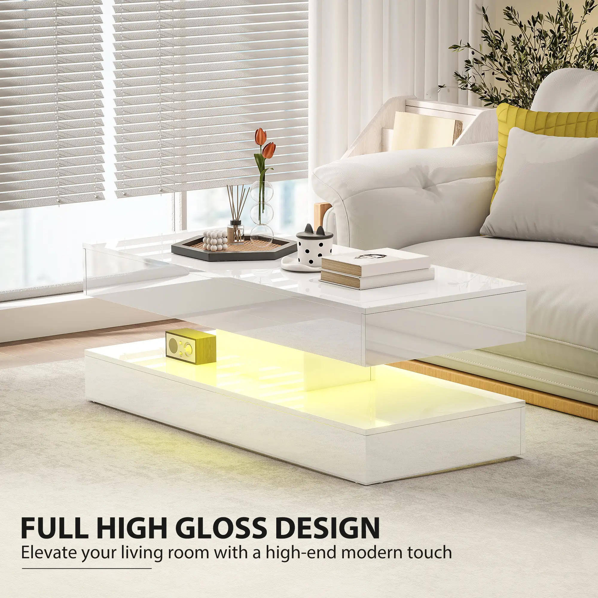 Adjustable LED Coffee Table, 2 Drawers, Open Shelf, Remote, High Gloss White, White - Image 6