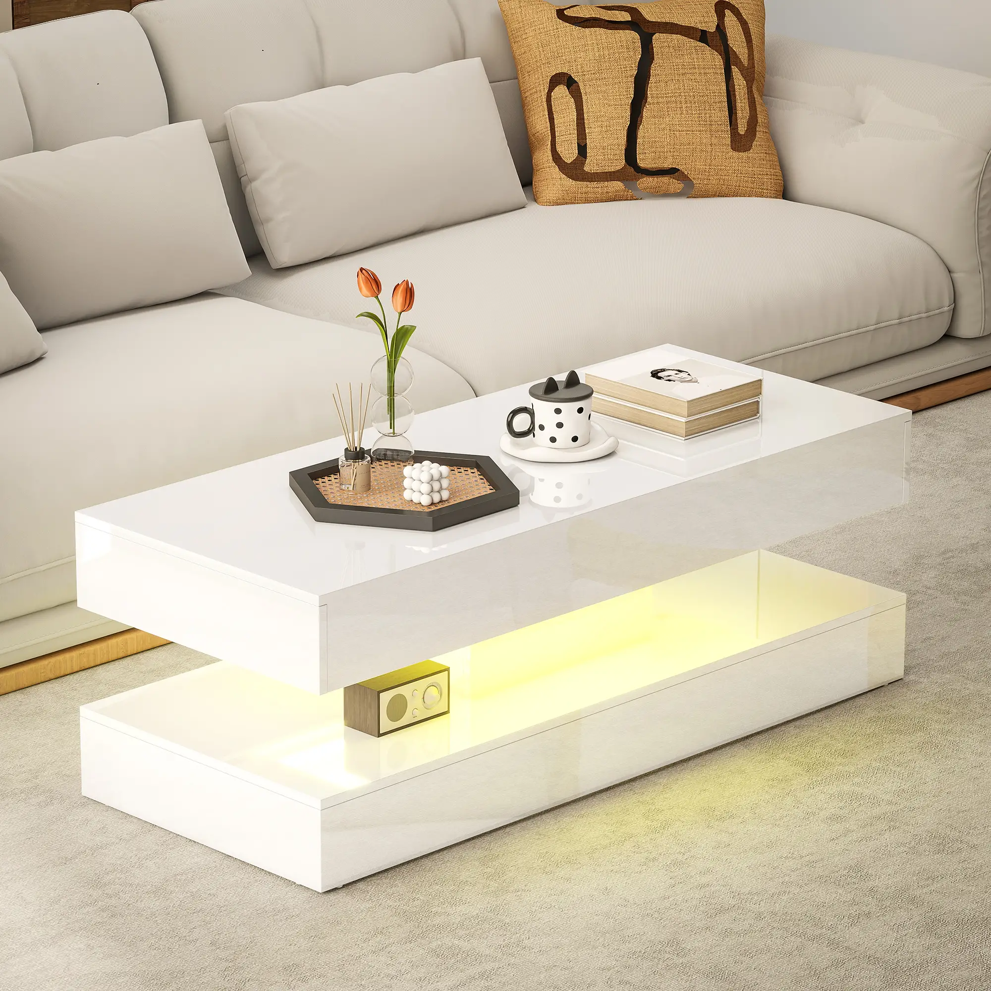 Adjustable LED Coffee Table, 2 Drawers, Open Shelf, Remote, High Gloss White, White - Image 7