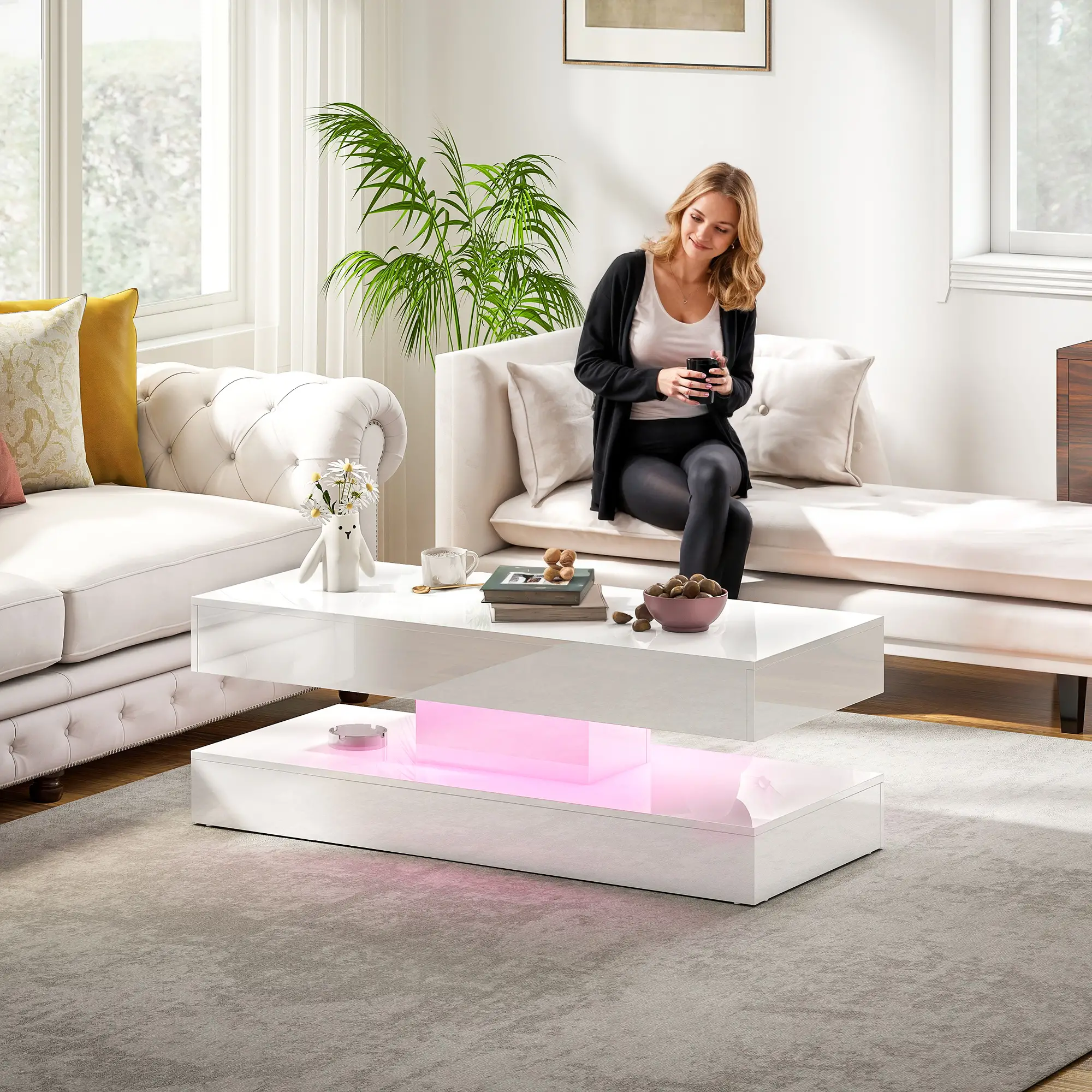 Adjustable LED Coffee Table, 2 Drawers, Open Shelf, Remote, High Gloss White, White - Image 8