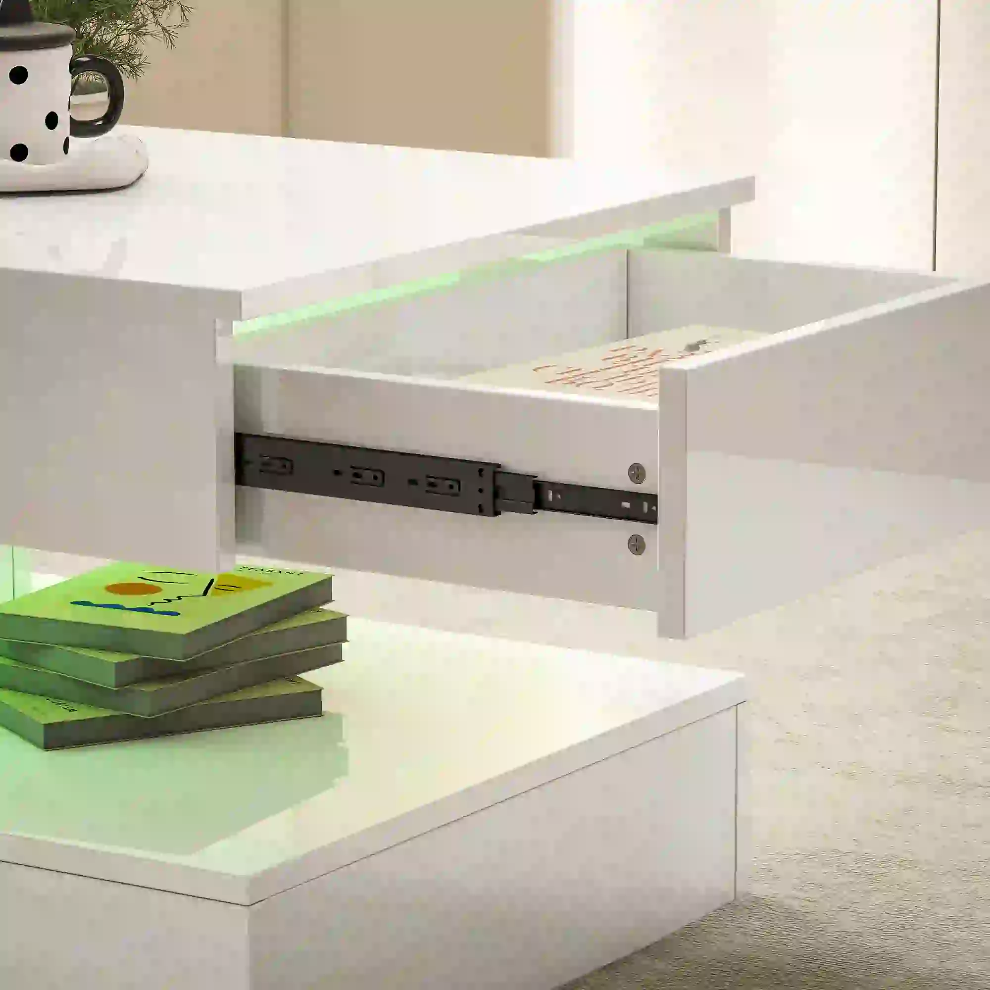 Adjustable LED Coffee Table, 2 Drawers, Open Shelf, Remote, High Gloss White, White - Image 9
