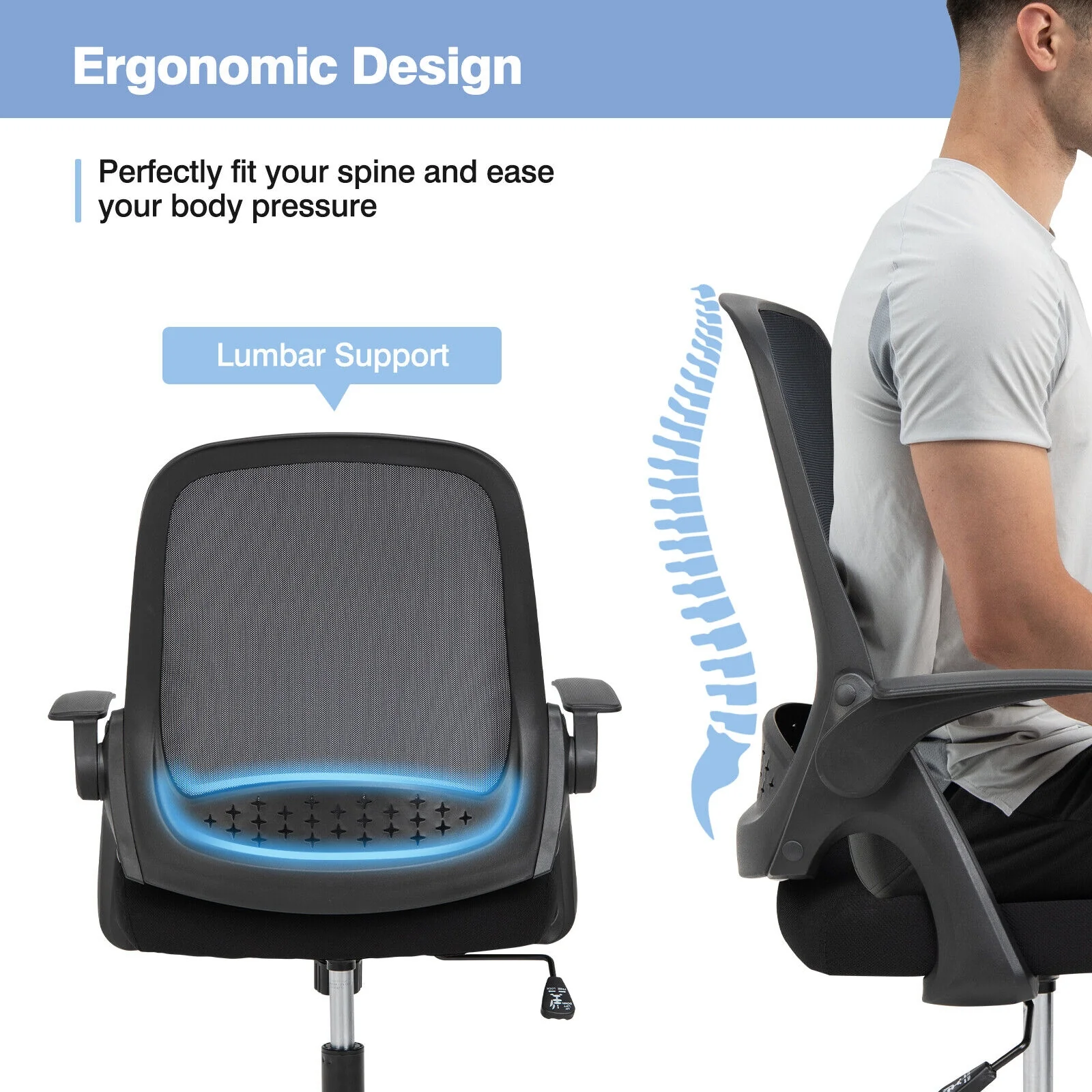 Adjustable Mesh Office Chair, Flip-Up Armrest, Black - Image 10