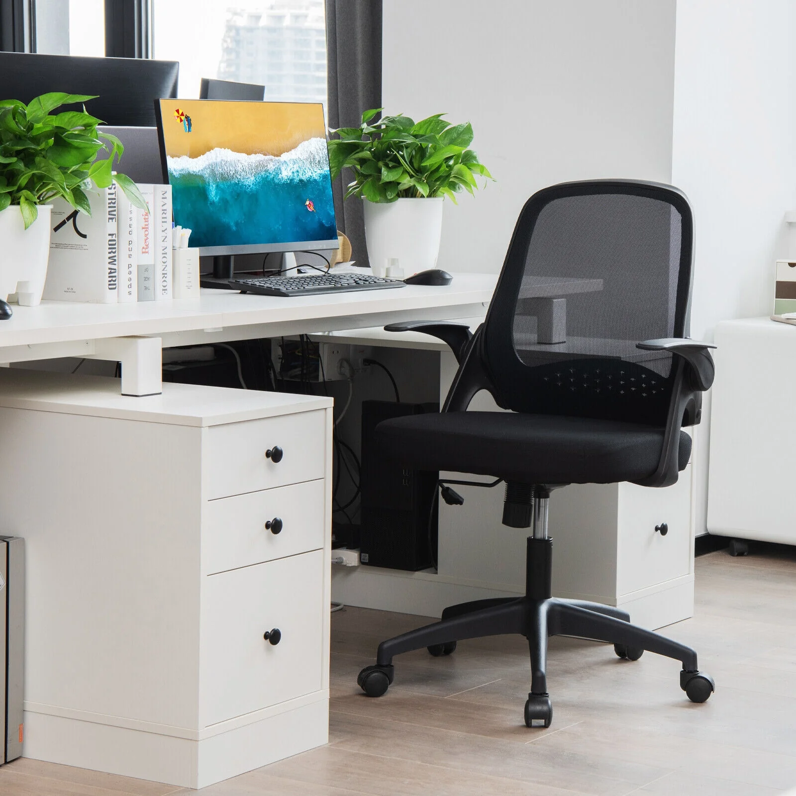 Adjustable Mesh Office Chair, Flip-Up Armrest, Black - Image 3
