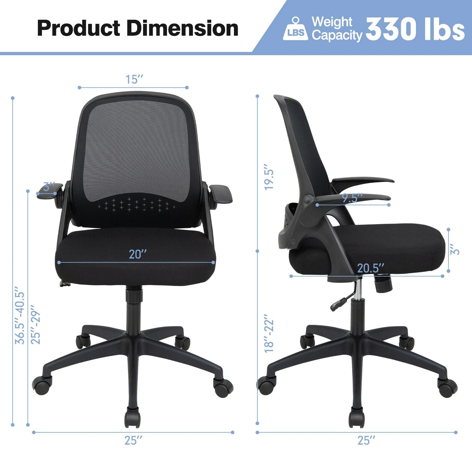 Adjustable Mesh Office Chair, Flip-Up Armrest, Black - Image 6