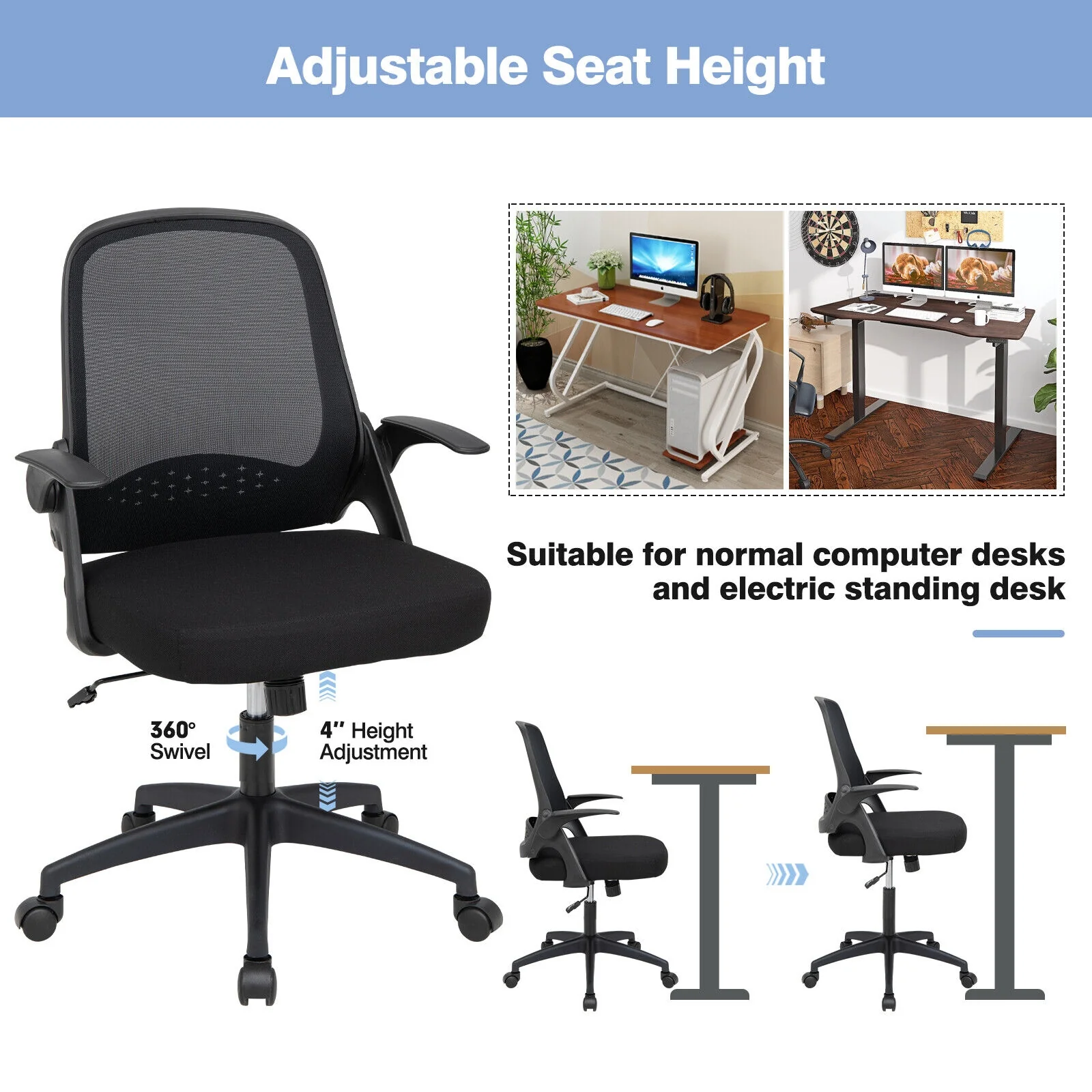 Adjustable Mesh Office Chair, Flip-Up Armrest, Black - Image 8