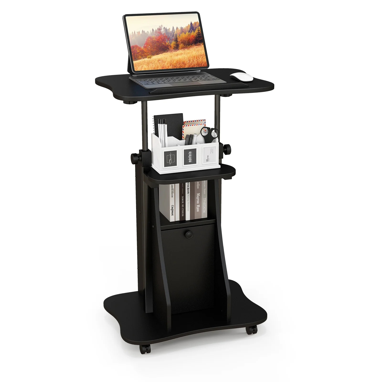 Adjustable Mobile Standing Desk Cart, Tilt Desktop Cabinet, Black - Image 5