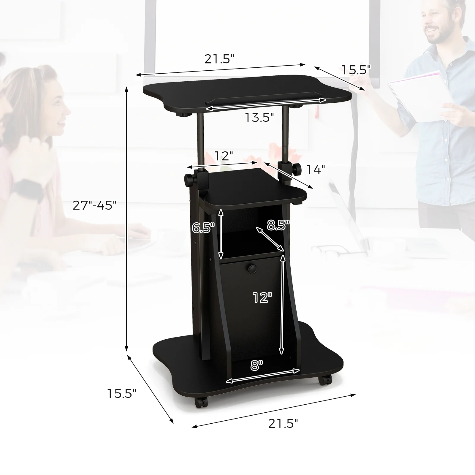 Adjustable Mobile Standing Desk Cart, Tilt Desktop Cabinet, Black - Image 6