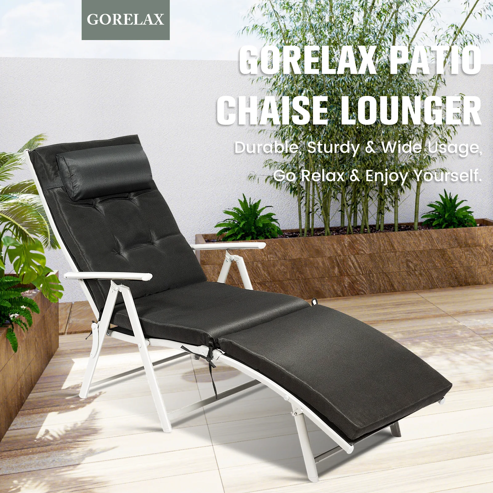 Adjustable Outdoor Folding Chaise Lounge Chair, Black - Image 2