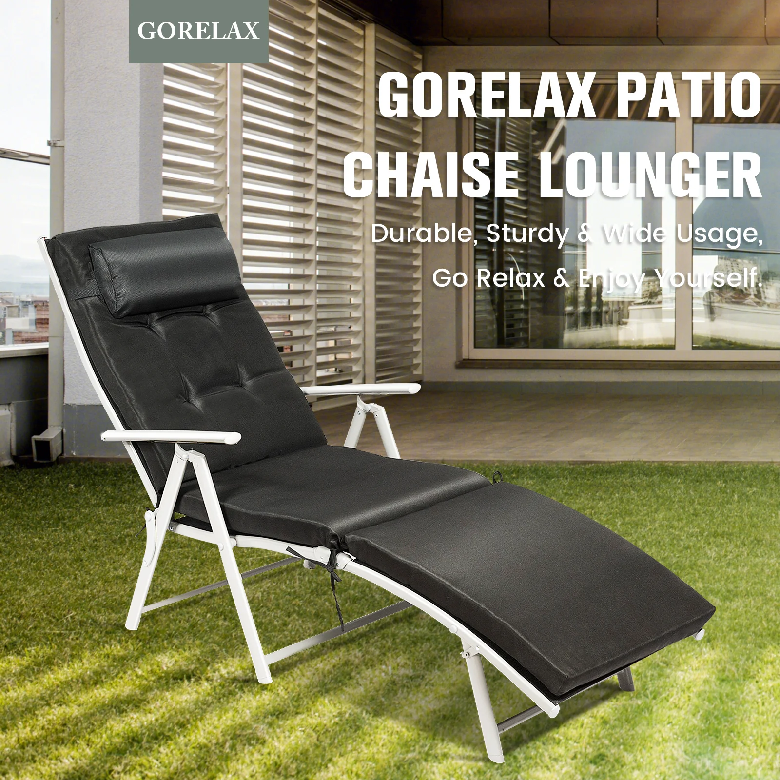 Adjustable Outdoor Folding Chaise Lounge Chair, Black - Image 3