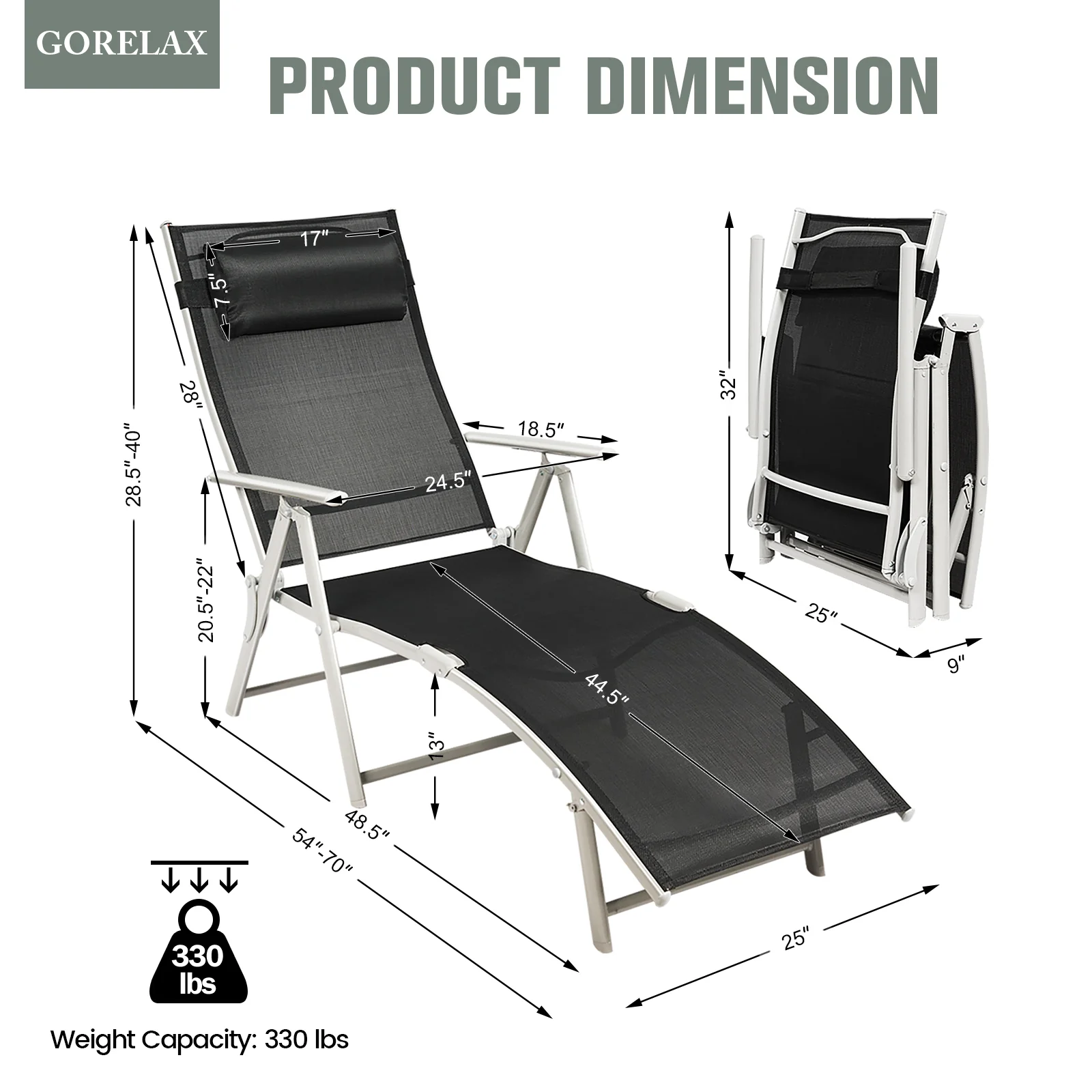Adjustable Outdoor Folding Chaise Lounge Chair, Black - Image 6