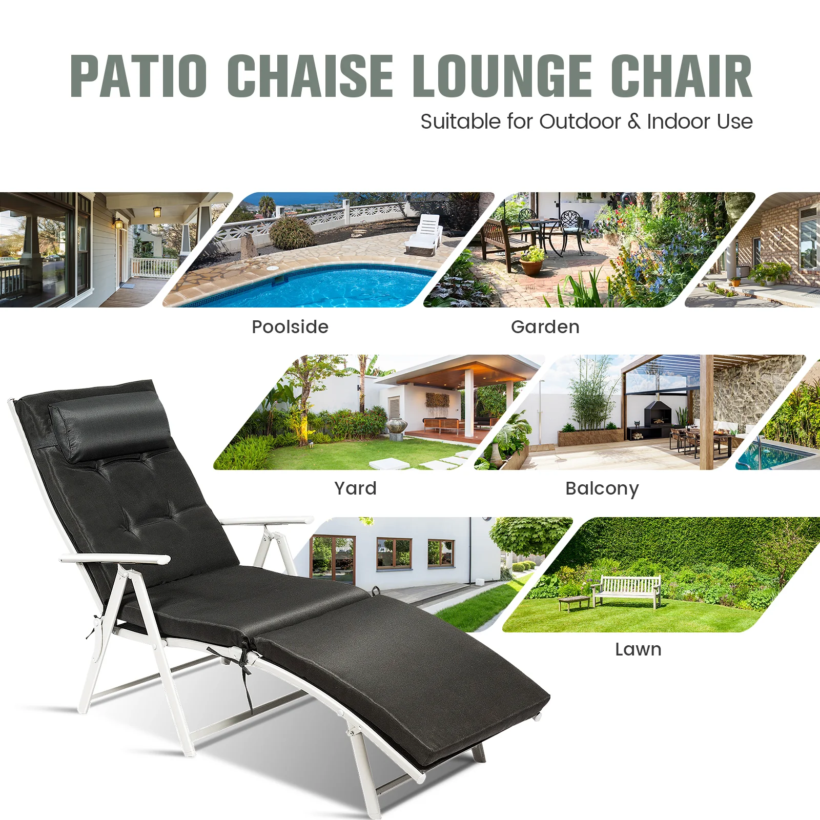 Adjustable Outdoor Folding Chaise Lounge Chair, Black - Image 7