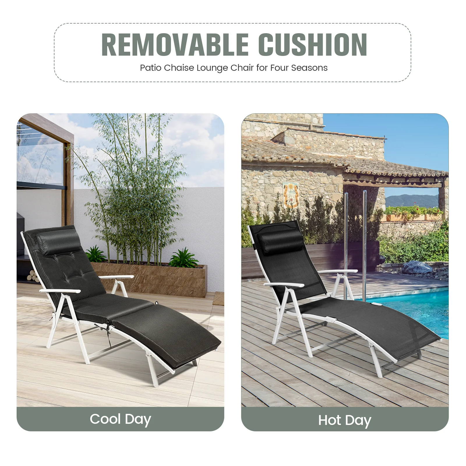 Adjustable Outdoor Folding Chaise Lounge Chair, Black - Image 8