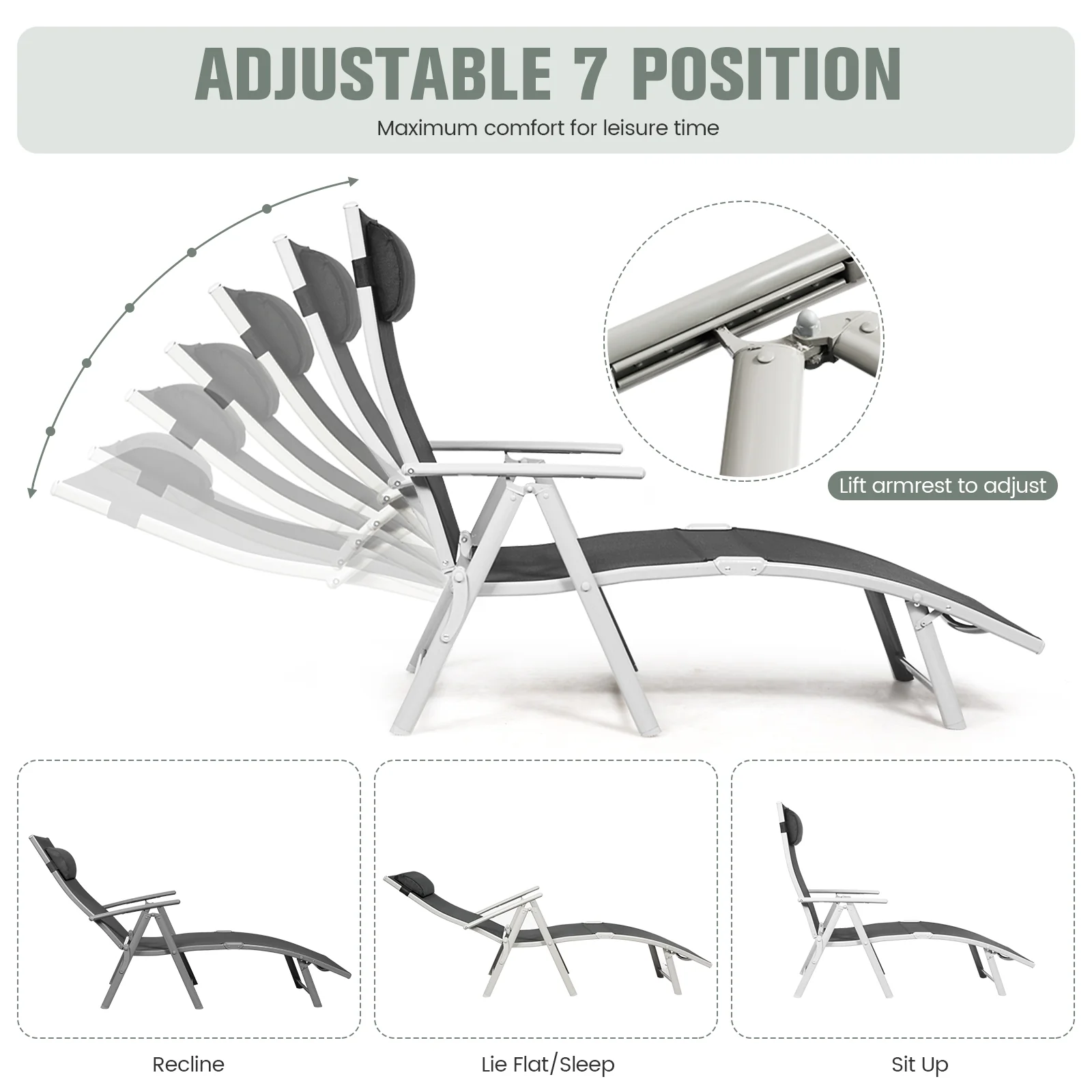 Adjustable Outdoor Folding Chaise Lounge Chair, Black - Image 9