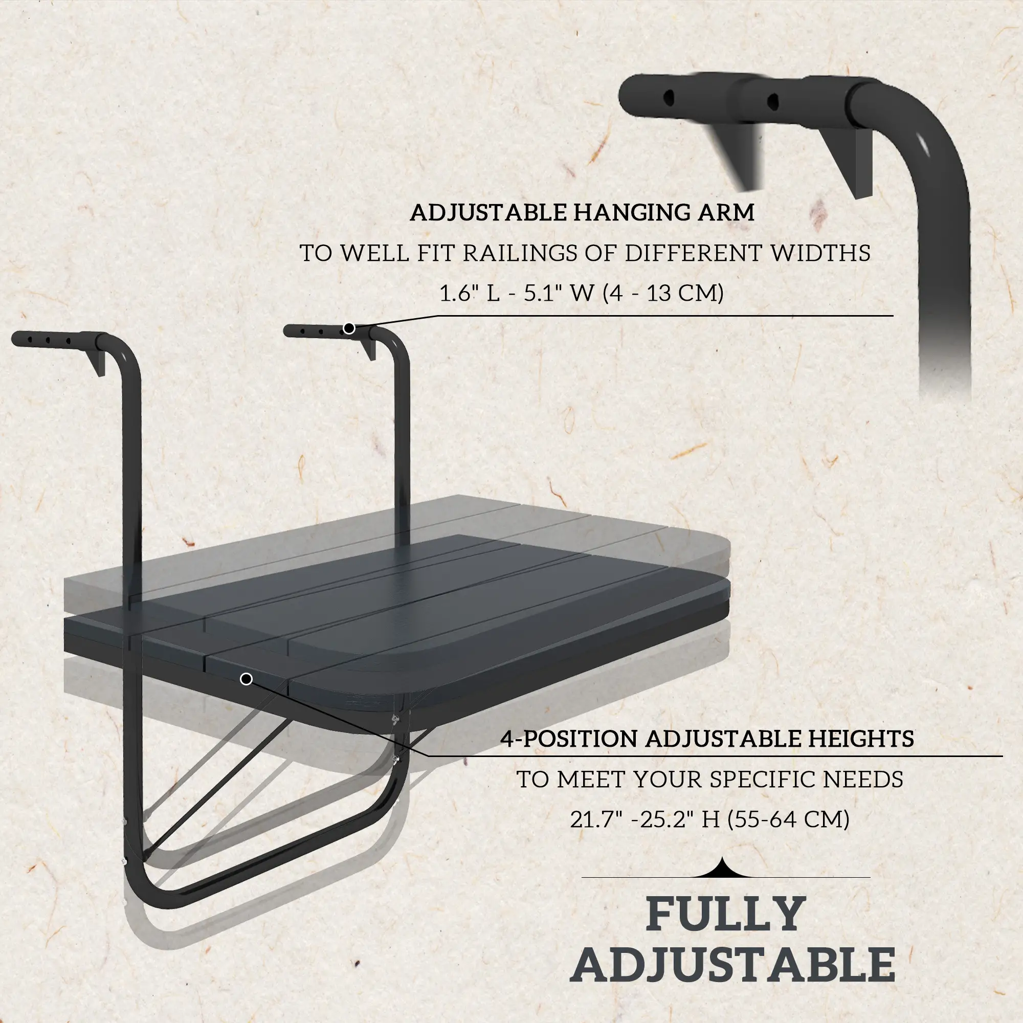 Adjustable Outdoor Hanging Table, Aluminum Wall Desk, Foldable Rectangle, Black - Image 4