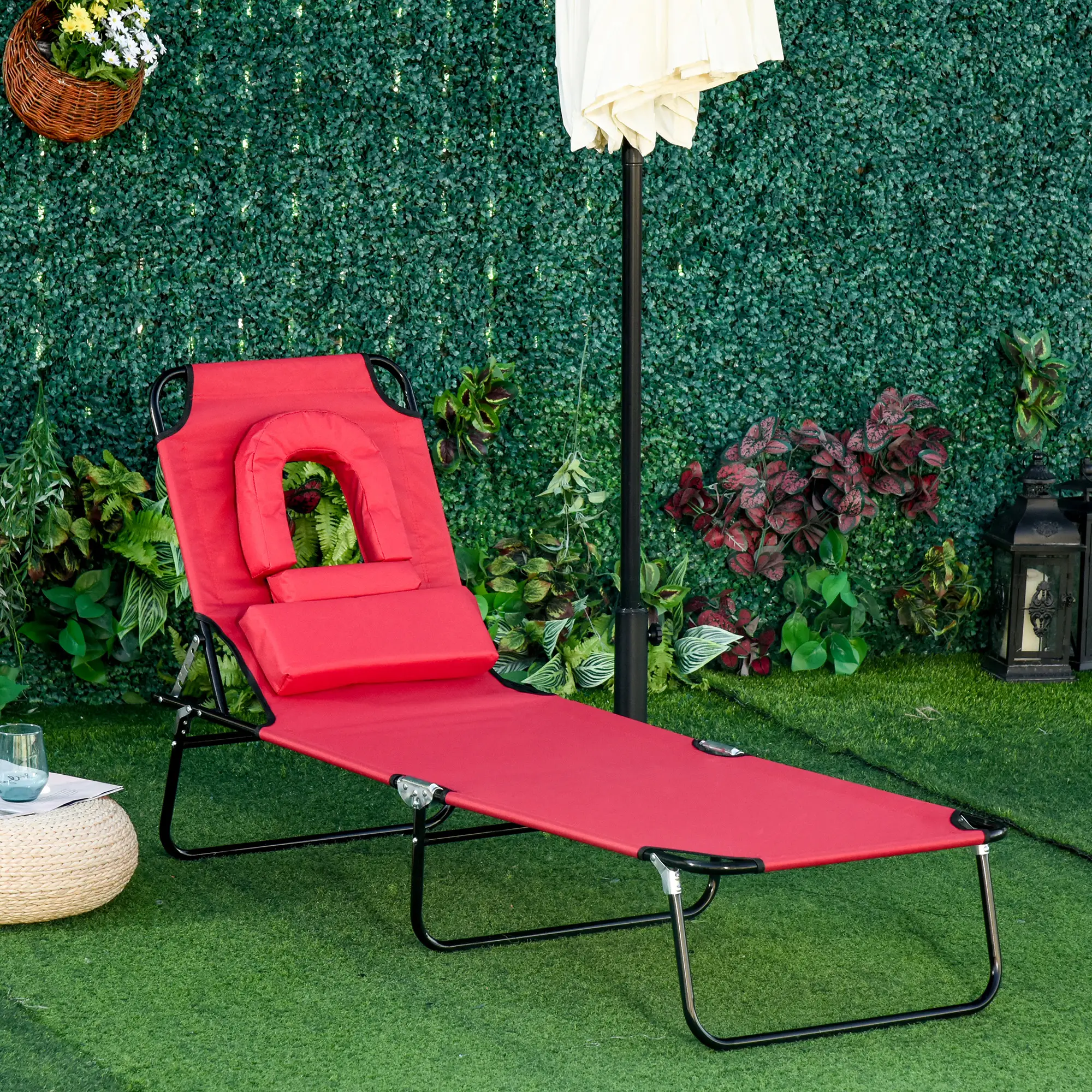 Adjustable Outdoor Lounge Chair, Folding Chaise with Face Hole, Red - Image 2