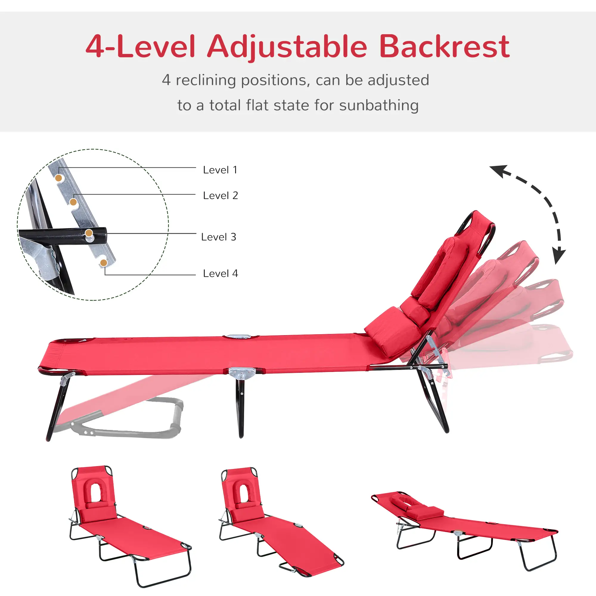 Adjustable Outdoor Lounge Chair, Folding Chaise with Face Hole, Red - Image 4