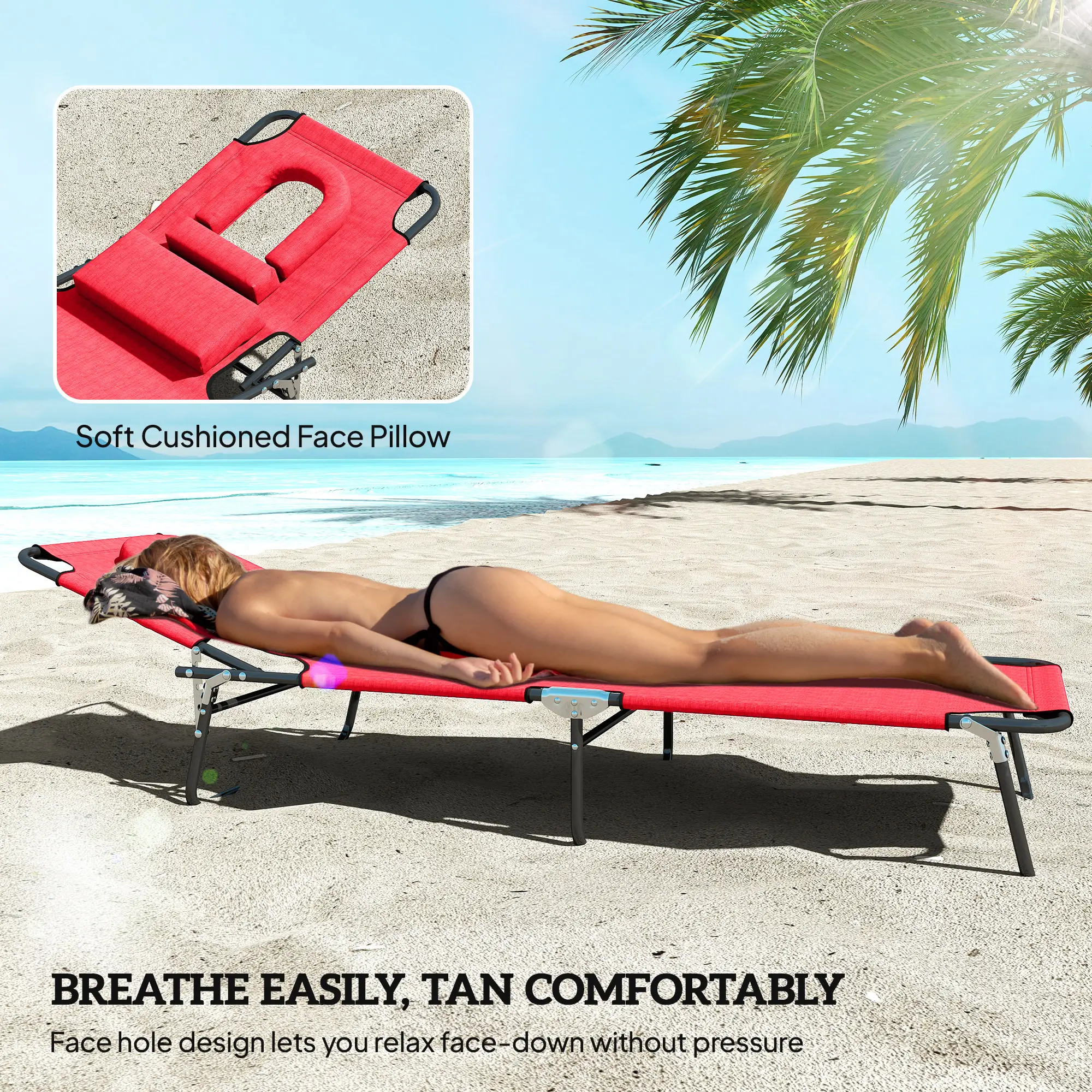 Adjustable Outdoor Lounge Chair, Folding Chaise with Face Hole, Red - Image 7