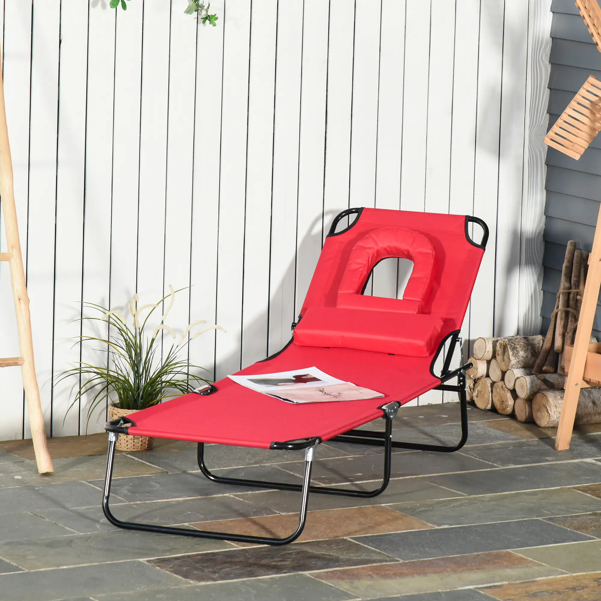 Adjustable Outdoor Lounge Chair, Folding Chaise with Face Hole, Red - Image 8