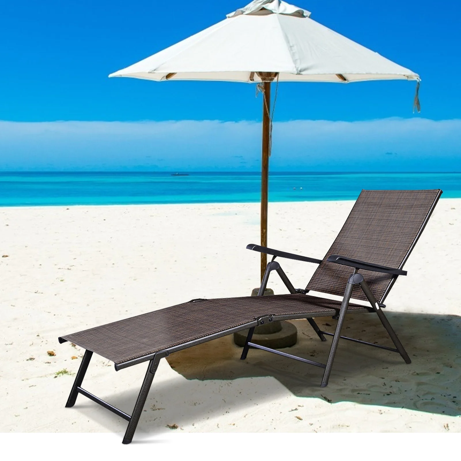 Adjustable outdoor patio pool chaise lounge, Brown - Image 2