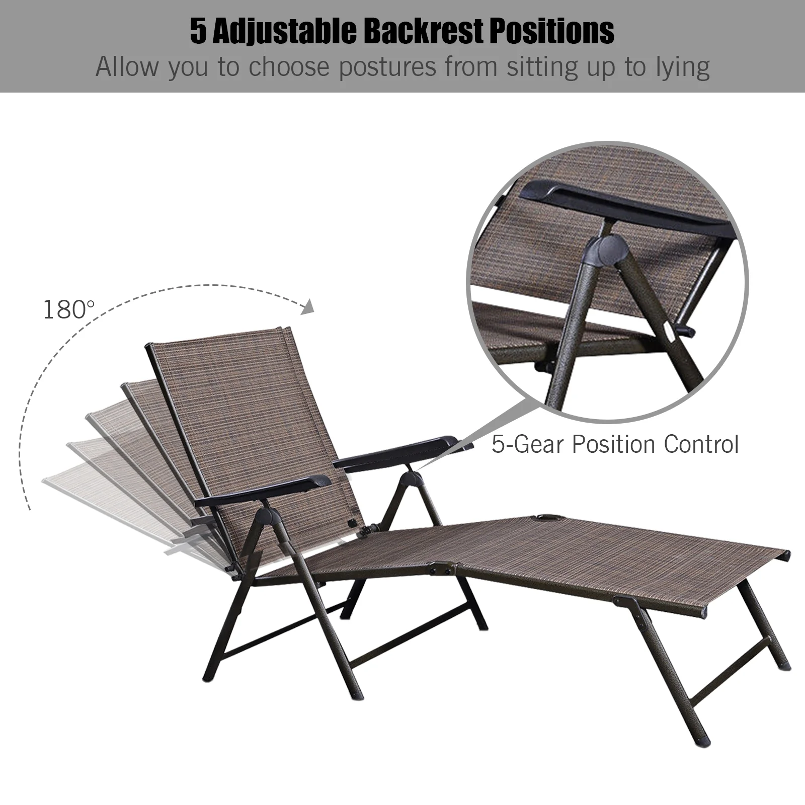Adjustable outdoor patio pool chaise lounge, Brown - Image 6