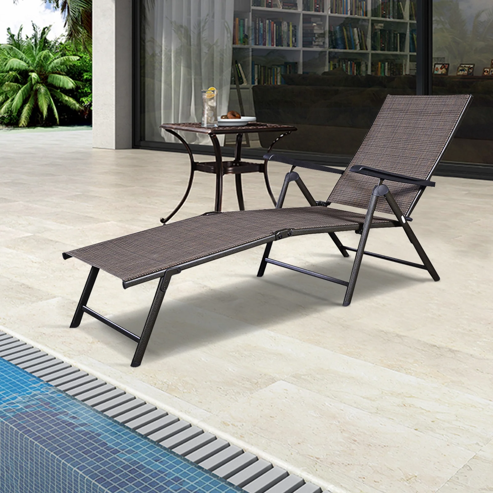 Adjustable outdoor patio pool chaise lounge, Brown - Image 7
