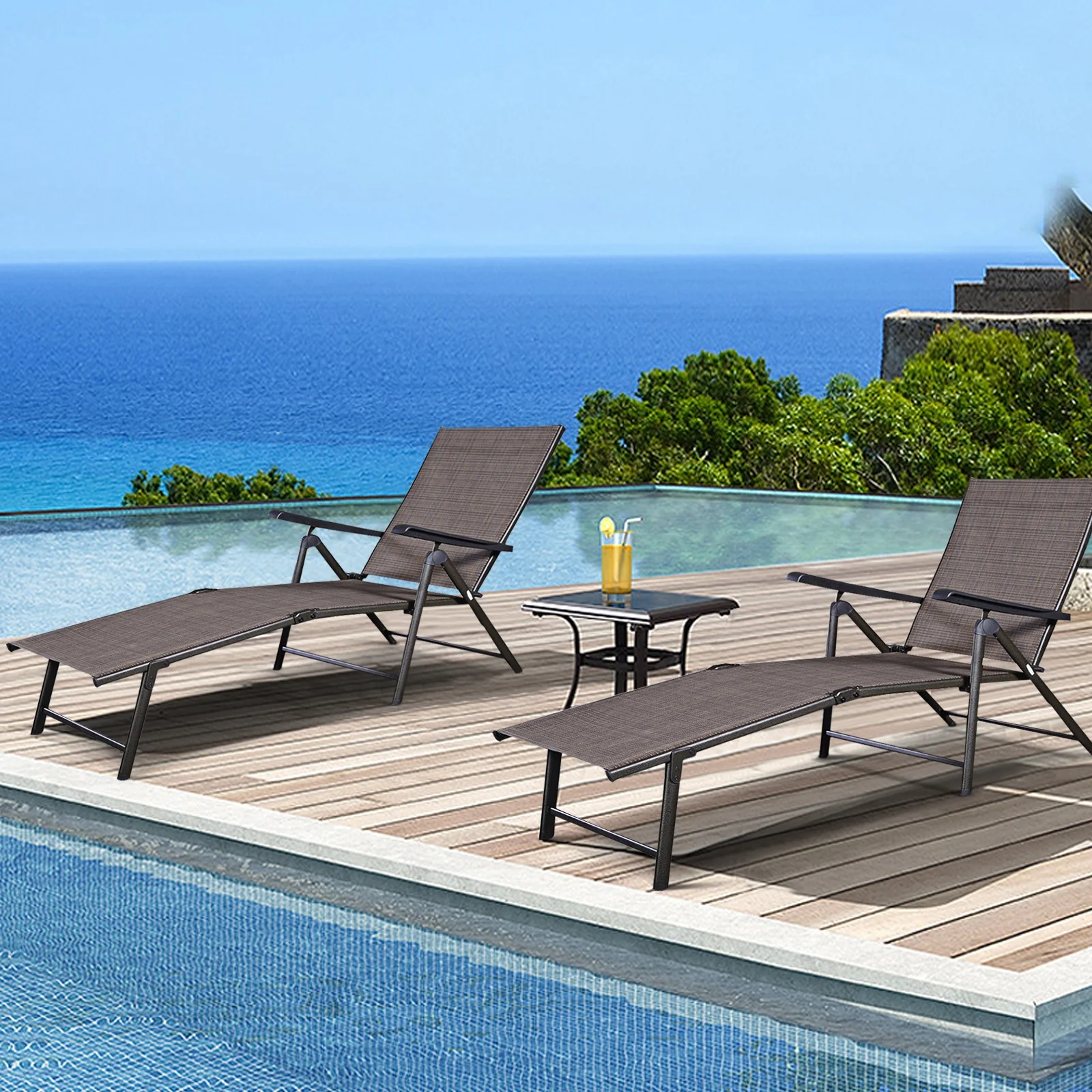 Adjustable outdoor patio pool chaise lounge, Brown - Image 9