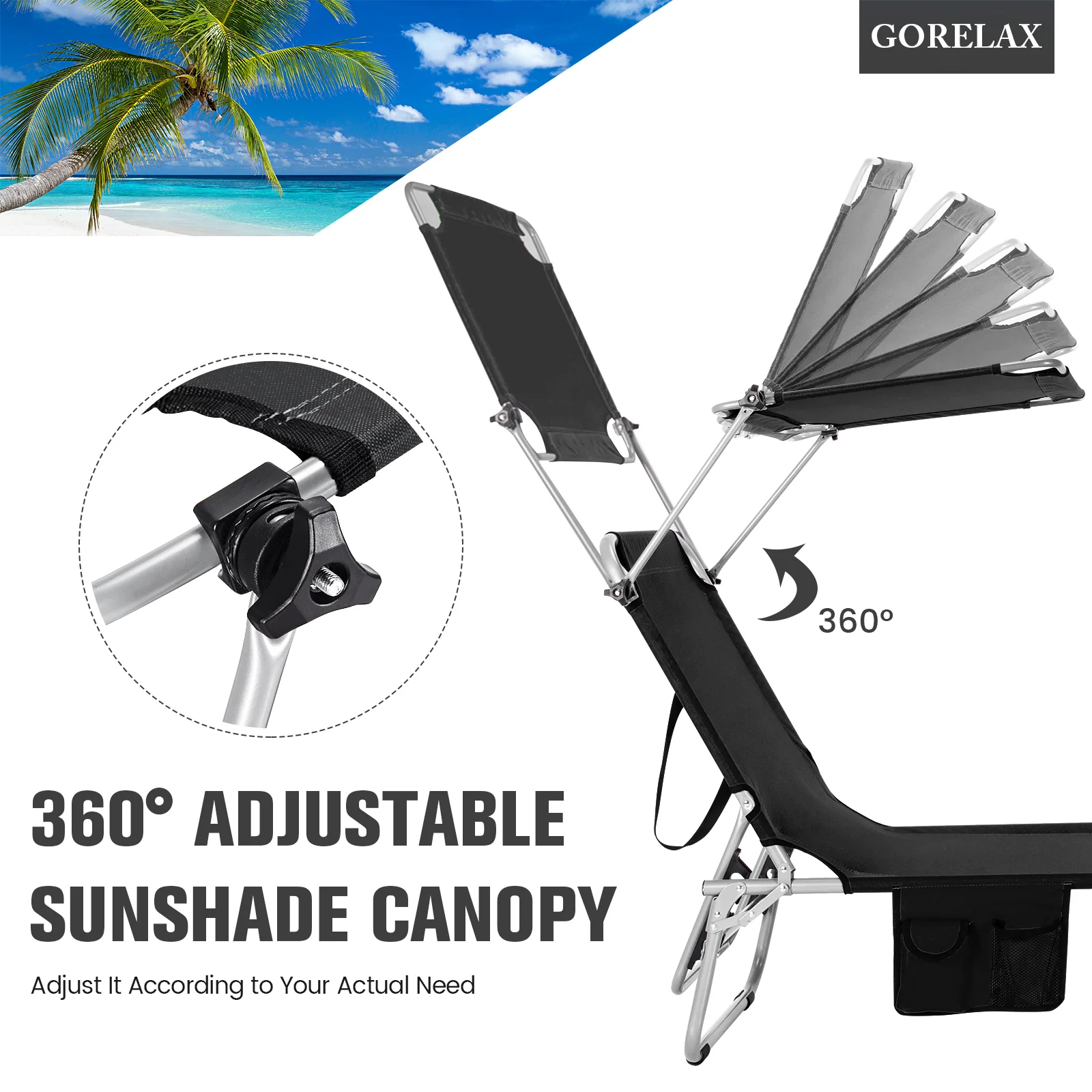 Adjustable Outdoor Recliner With Sun Shade, Black - Image 10