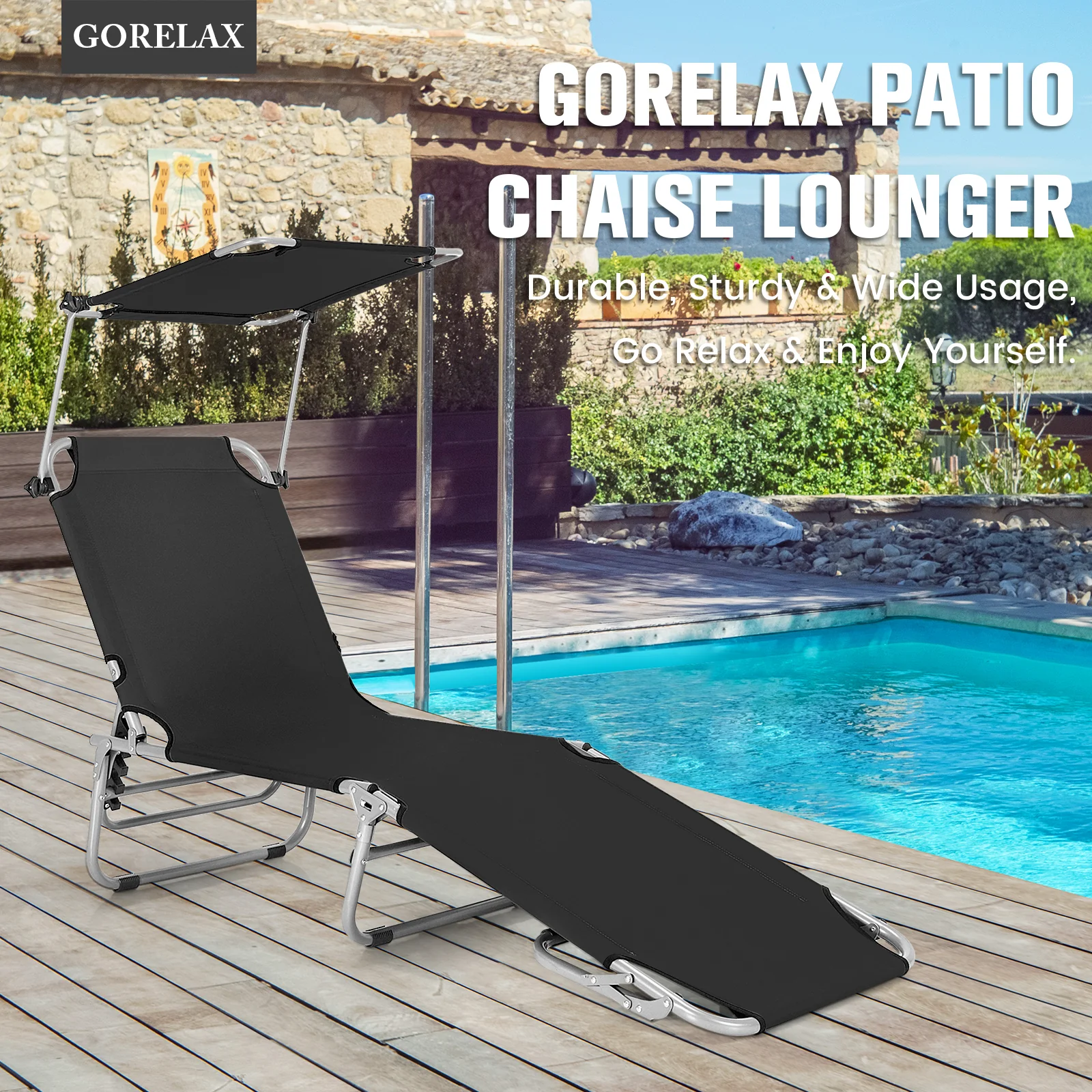 Adjustable Outdoor Recliner With Sun Shade, Black - Image 2
