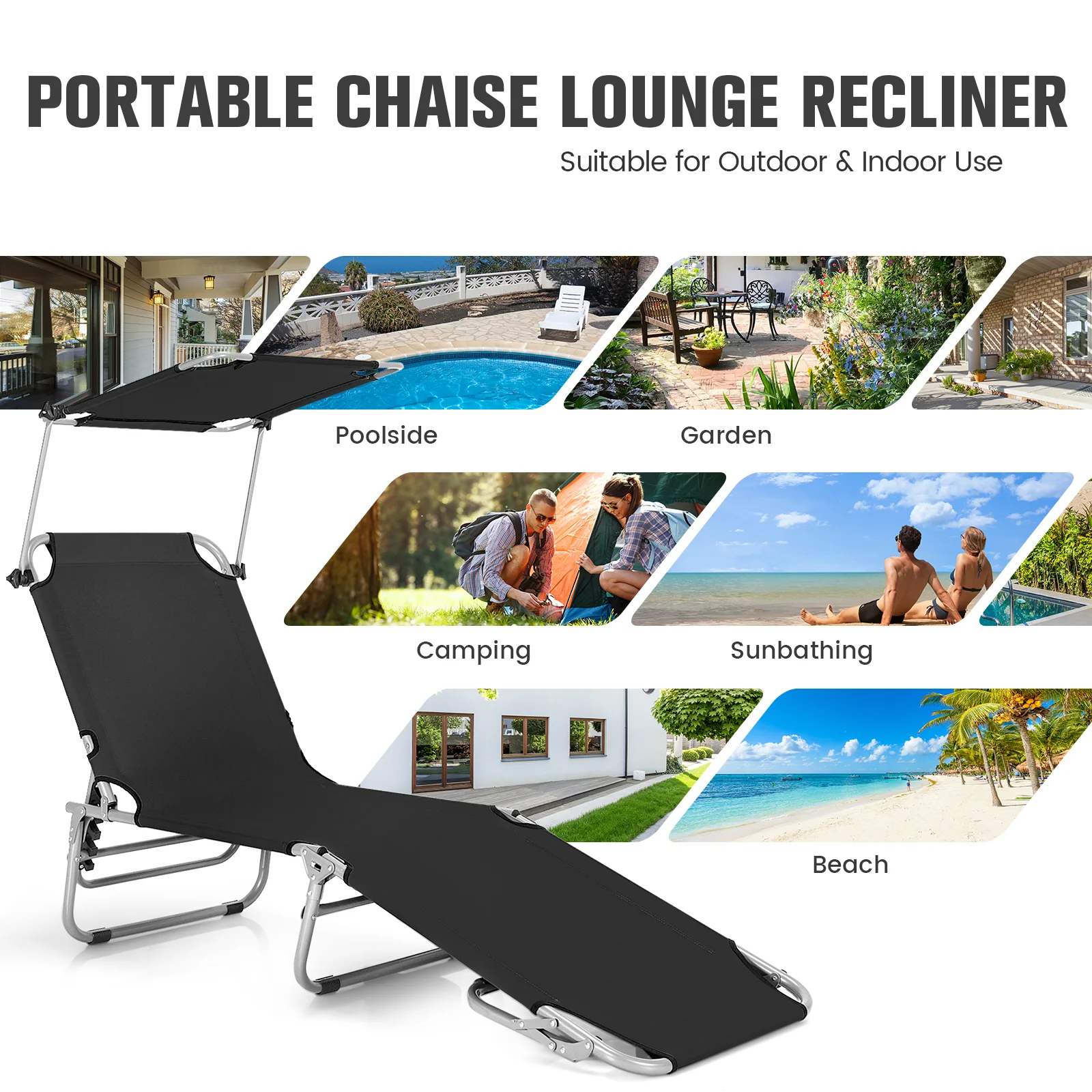 Adjustable Outdoor Recliner With Sun Shade, Black - Image 3