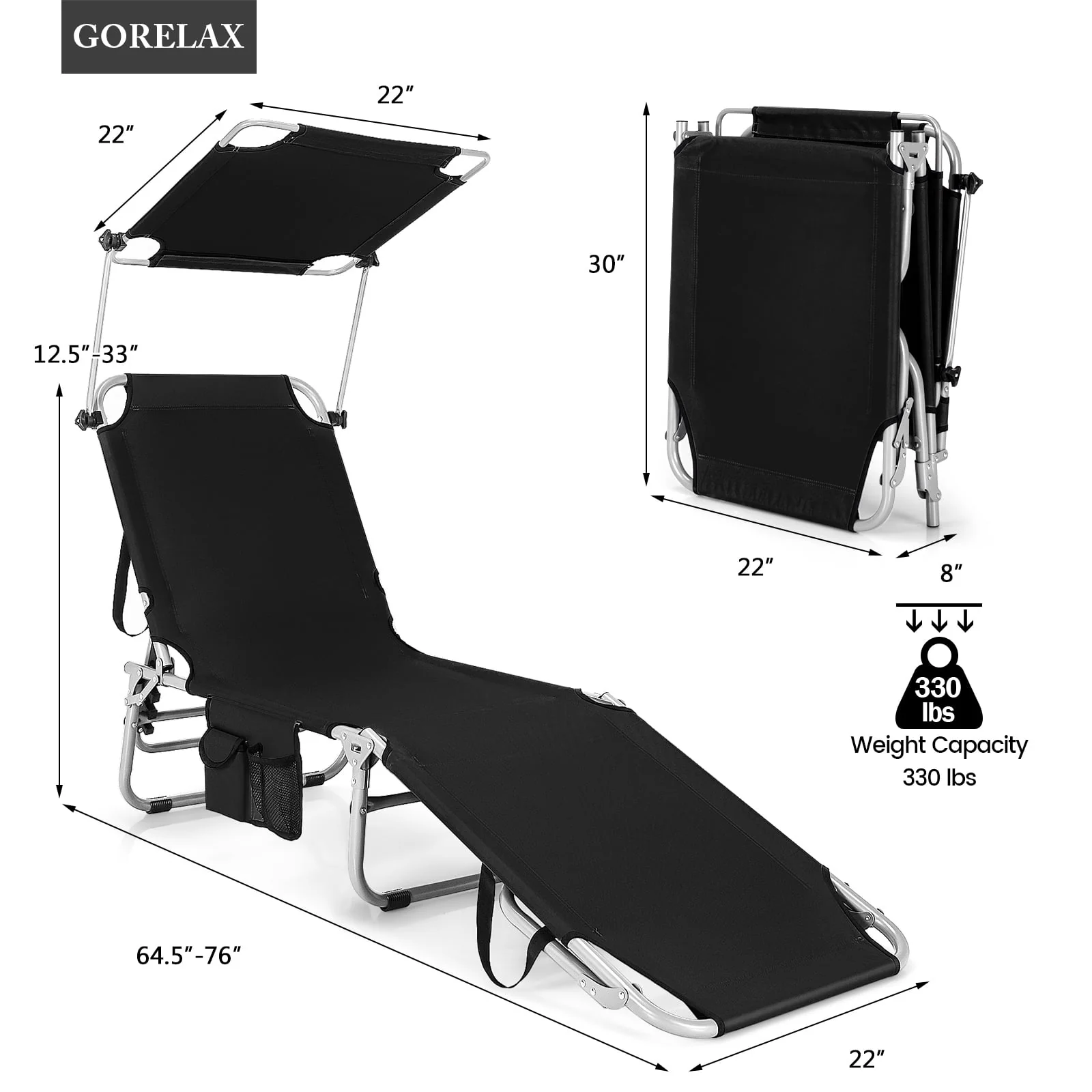 Adjustable Outdoor Recliner With Sun Shade, Black - Image 5
