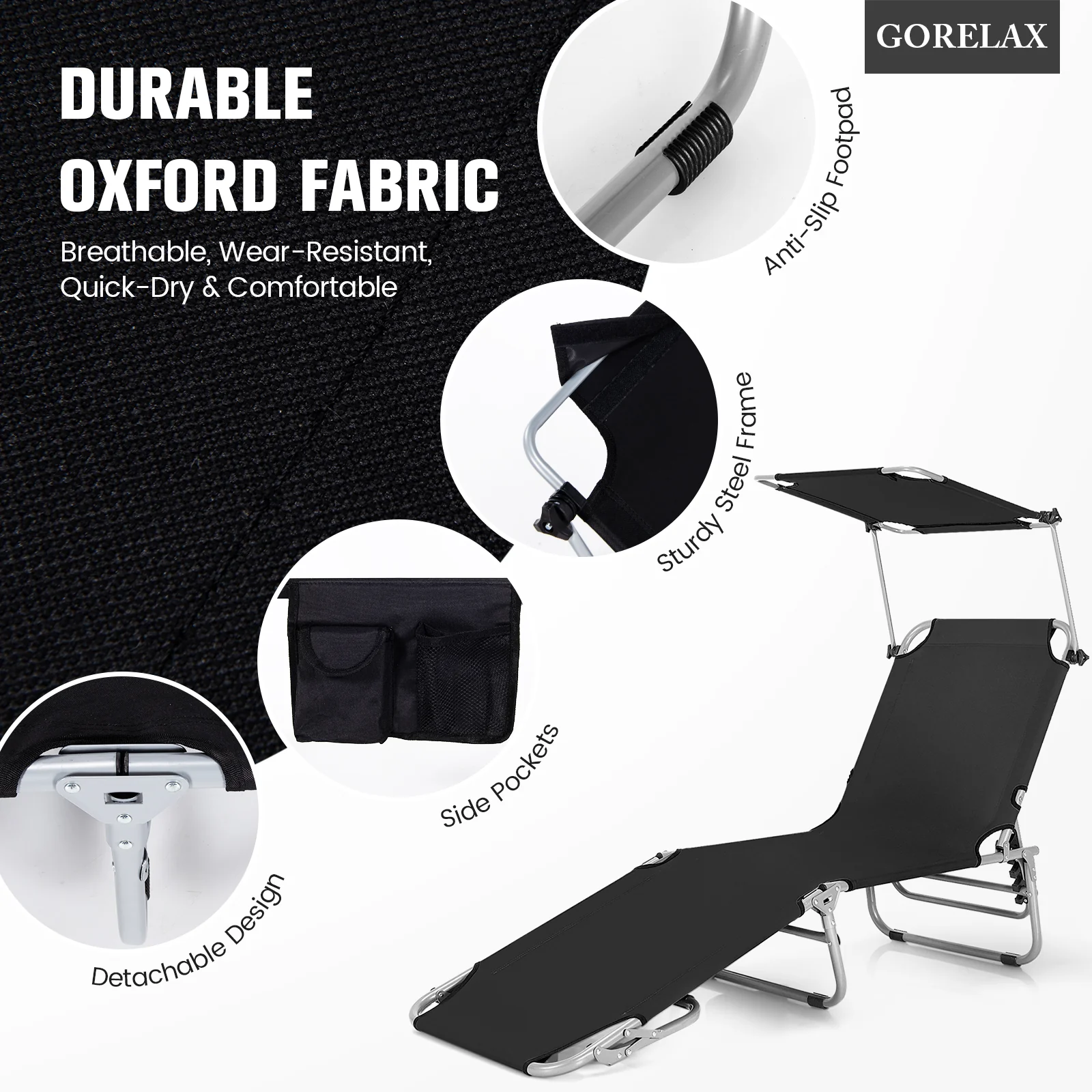 Adjustable Outdoor Recliner With Sun Shade, Black - Image 6