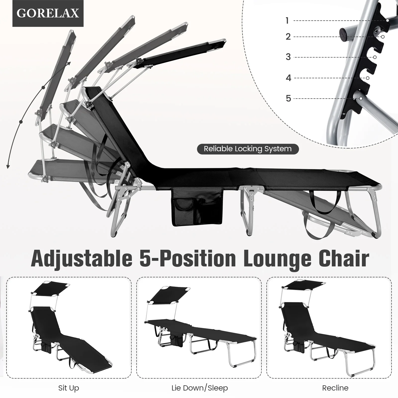 Adjustable Outdoor Recliner With Sun Shade, Black - Image 8