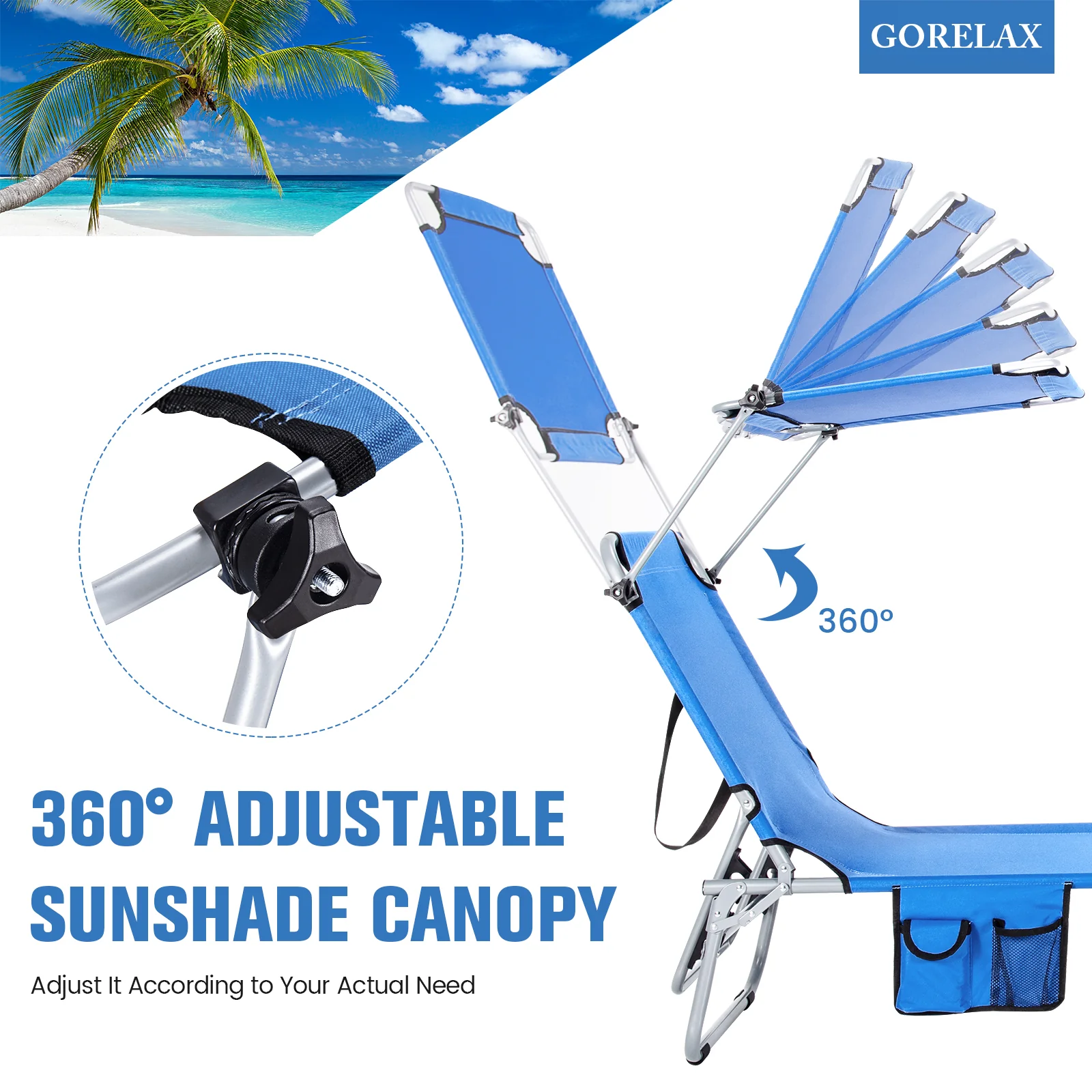 Adjustable Outdoor Recliner With Sun Shade, Navy - Image 10