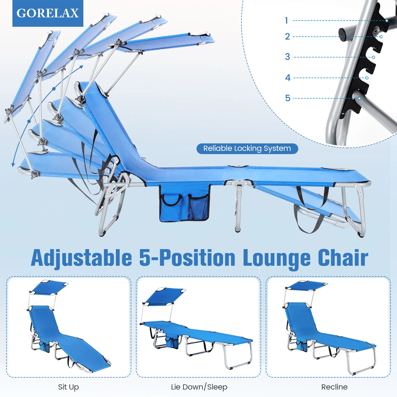 Adjustable Outdoor Recliner With Sun Shade, Navy - Image 8